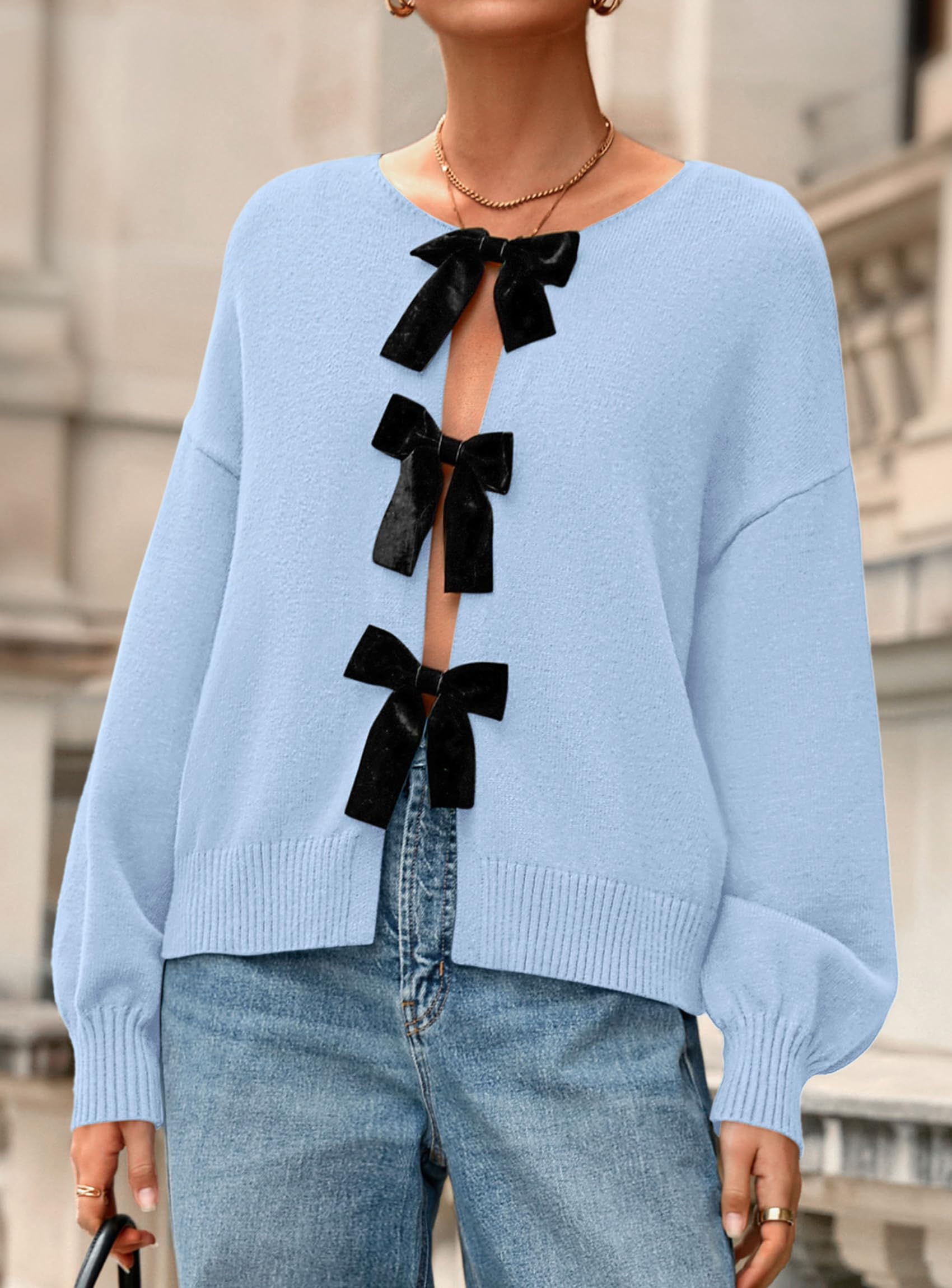 PRETTYGARDEN Cardigan Sweaters for Women Fall Fashion Bow Tie Front Long Sleeve Knit Sweater Tops Cute Winter Clothes