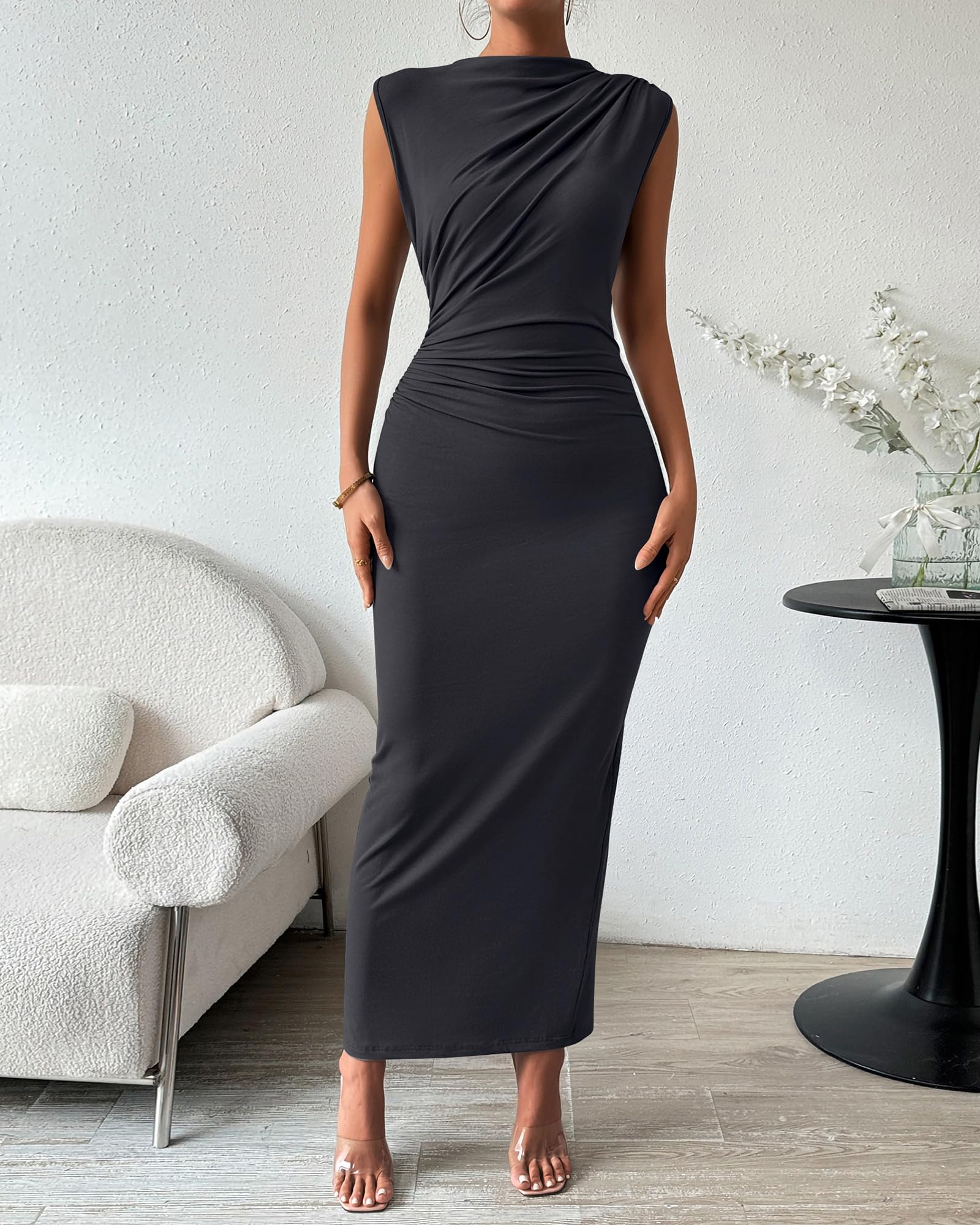 BTFBM Women's Ruched Bodycon Dress Summer Casual Sleeveless Lightweight Back Slit Elegant Club Party Cocktail Maxi Dresses