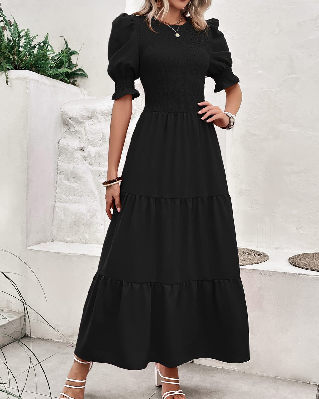 FreshPretty Women Casual Summer Dresses Spring Crew Neck Ruffle Short Sleeve Floral Print Smocked Boho Flowy Maxi Dress