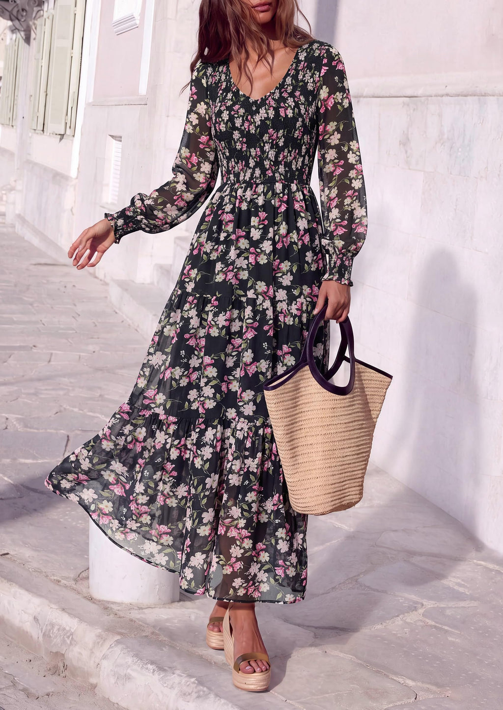 FreshPretty Womens Flroal Long Sleeve Dress Boho A Line Fall Maxi Dresses,Sheer Lantern Sleeve, Lined & Pockets, Smocked Front Back, High Waisted Flowy Long Dress, Tiered Fall Wedding Guest Dresses