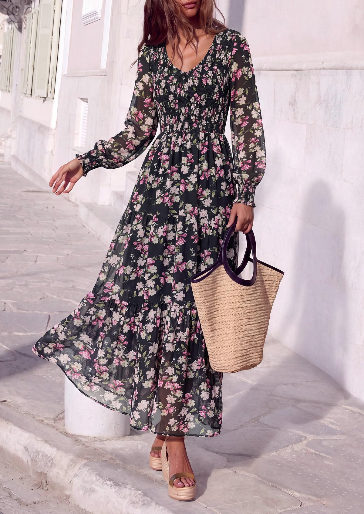 FreshPretty Womens Flroal Long Sleeve Dress Boho A Line Fall Maxi Dresses,Sheer Lantern Sleeve, Lined & Pockets, Smocked Front Back, High Waisted Flowy Long Dress, Tiered Fall Wedding Guest Dresses