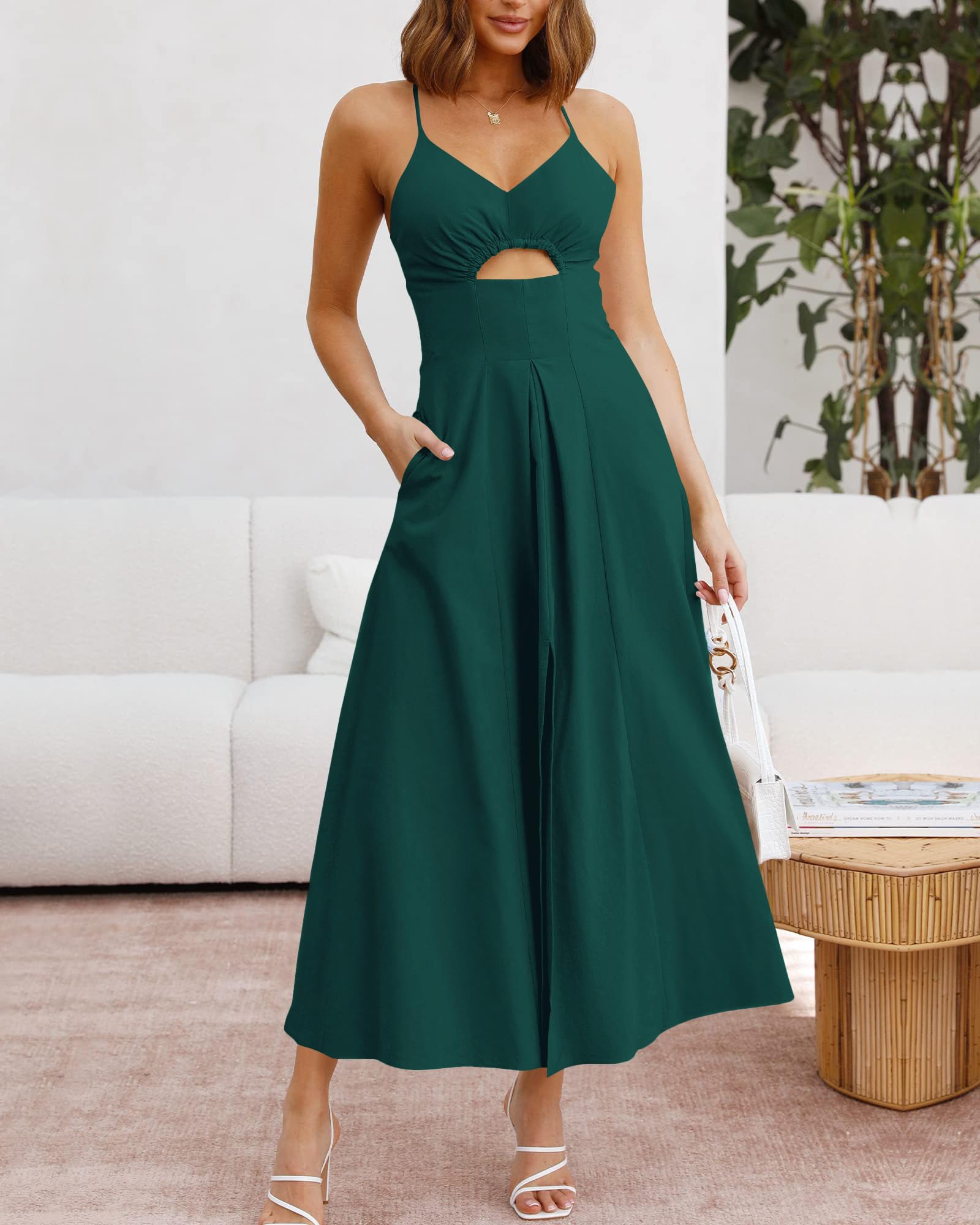 BTFBM Women Spaghetti Strap Midi Summer Dresses Sleeveless V Neck Cutout Slit Casual Beach Party Maxi Dress Pockets