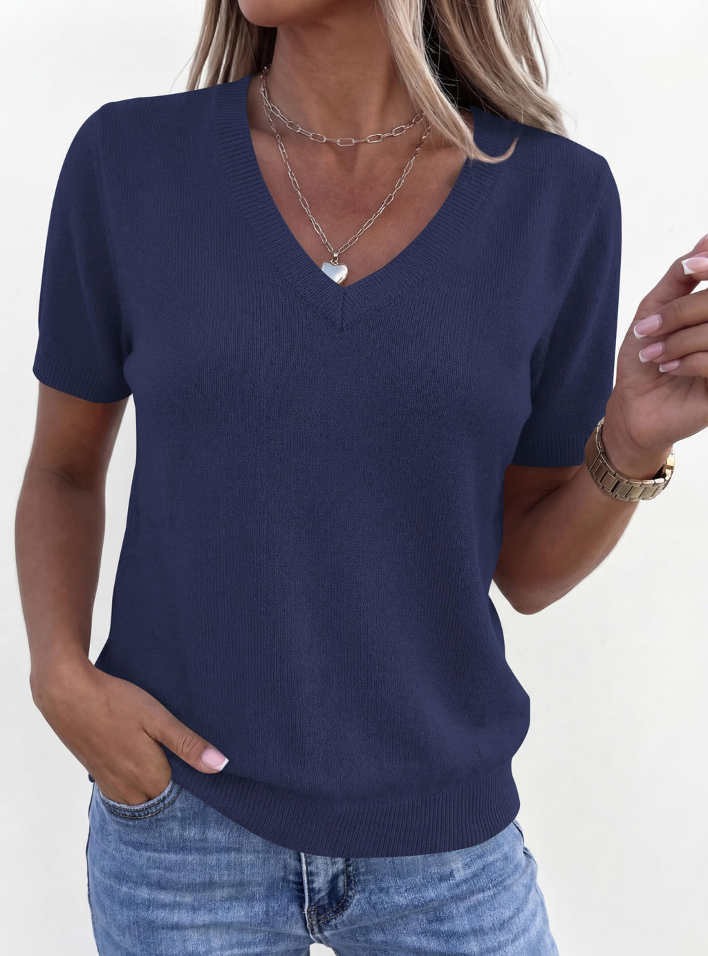 PRETTYGARDEN Womens Short Sleeve Sweater V Neck Trendy Pullover Tops Summer Spring Loose Lightweight Casual Blouse