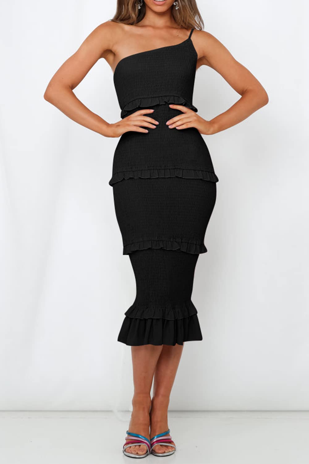 PRETTYGARDEN Women's Summer Midi Bodycon Dresses One Shoulder Strappy Tiered Ruffle Floral Boho Sun Dress