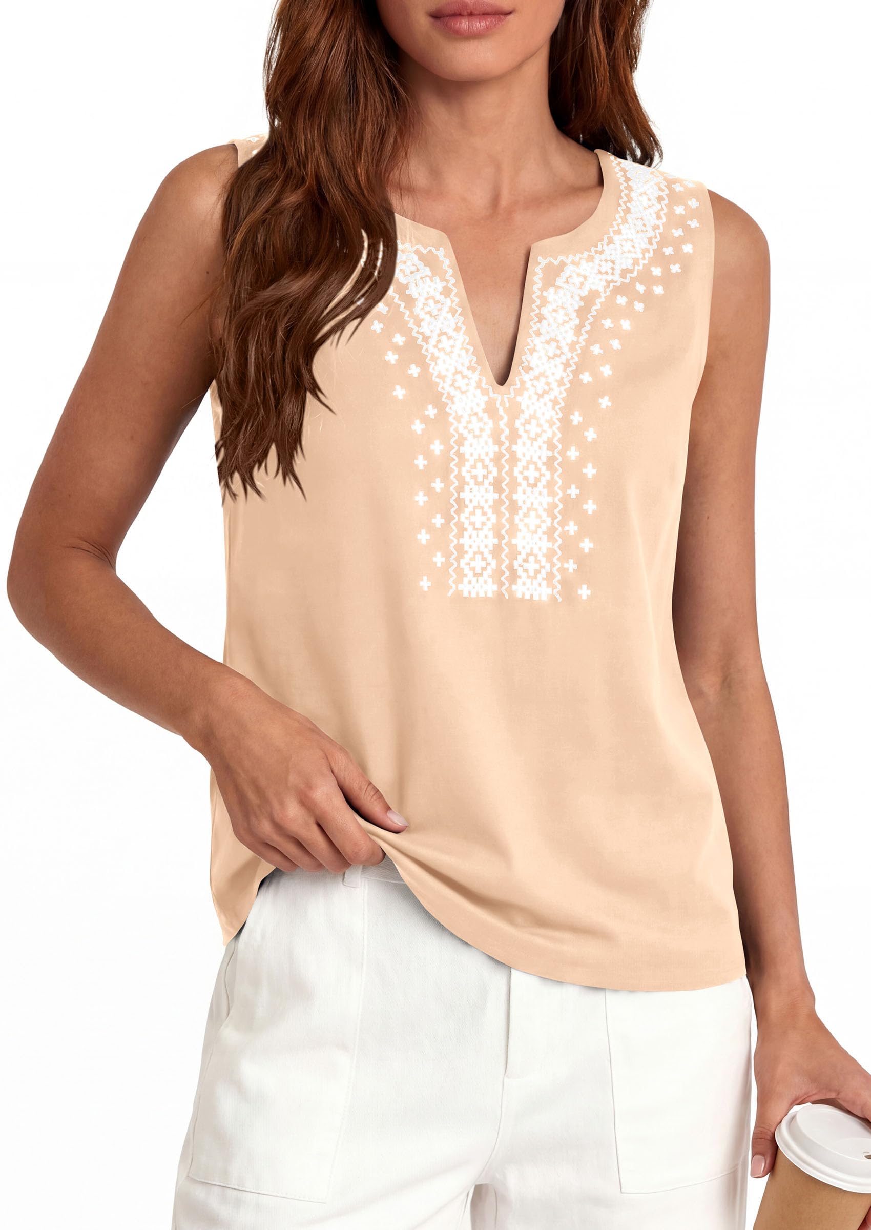 PRETTYGARDEN Womens Tank Tops Summer Causal V Neck Sleeveless Shirts Floral Print Embroidered Beach Vacation Boho Top