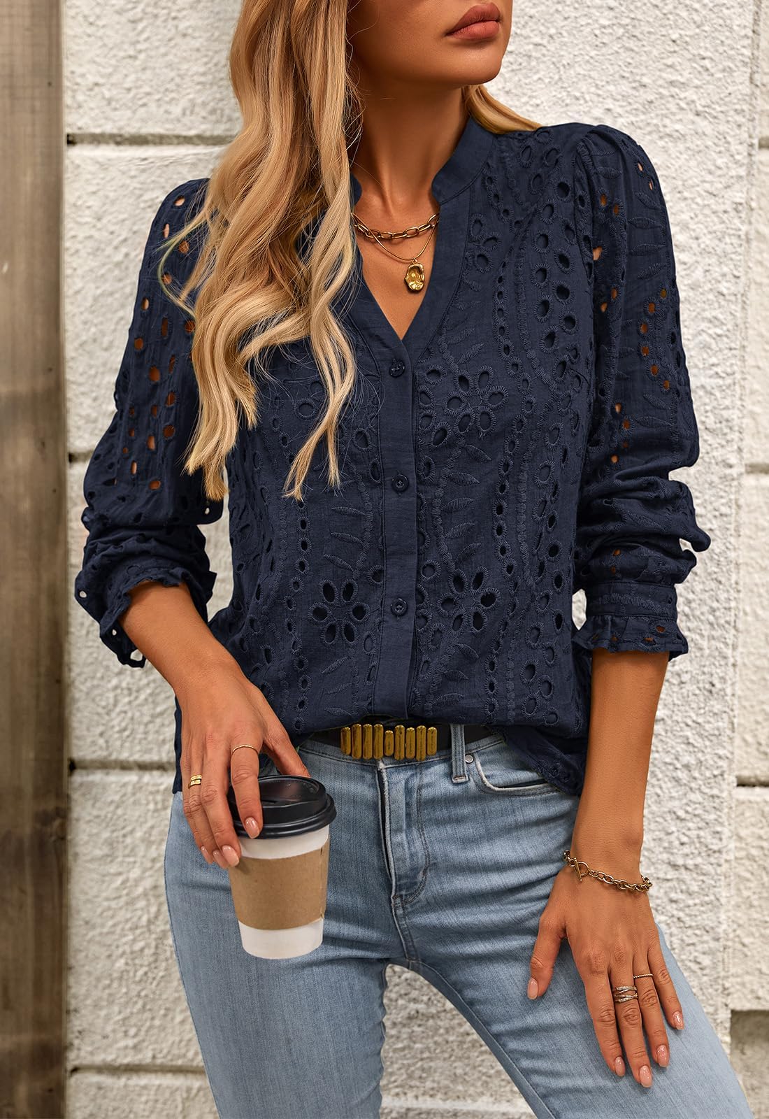 FreshPretty Women's Long Sleeve Shirts Button Down Dressy Casual Blouses V Neck Embroidery Hollow Out Tops Fall Winter Clothes