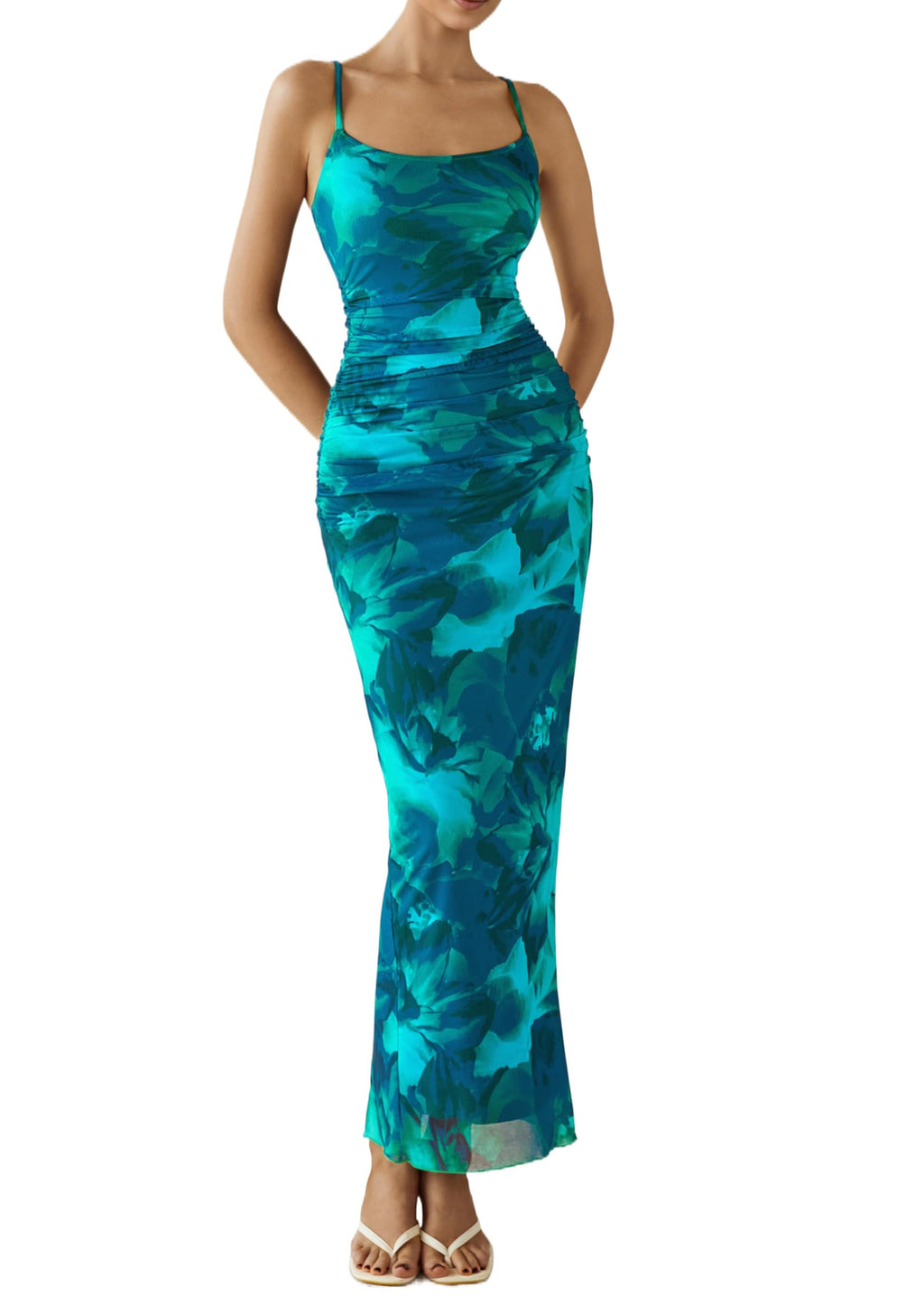 PRETTYGARDEN Summer Wedding Guest Dresses for Women Spaghetti Strap Mesh Bodycon Beach Vacation Floral Maxi Long Dresses