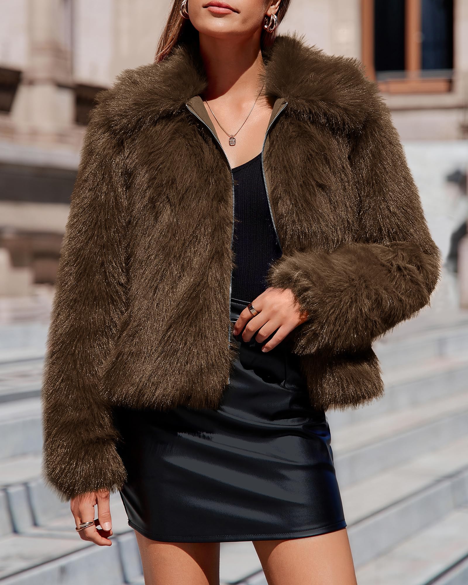 BTFBM Faux Fur Jacket Women Fluffy Winter Cropped Coats Zip Up Fuzzy Jackets Long Sleeve Furry Coat Fall Clothes