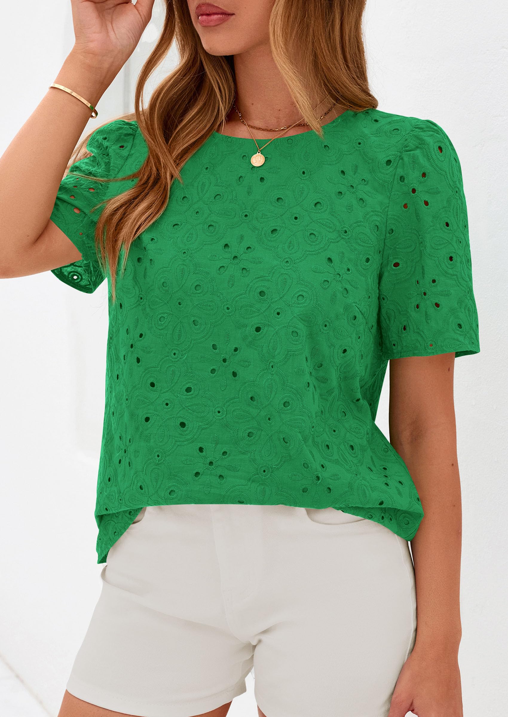 PRETTYGARDEN Women's Puff Short Sleeve Eyelet Shirts Summer Lace Blouses Dressy Casual Work Tops Spring Teacher Clothes