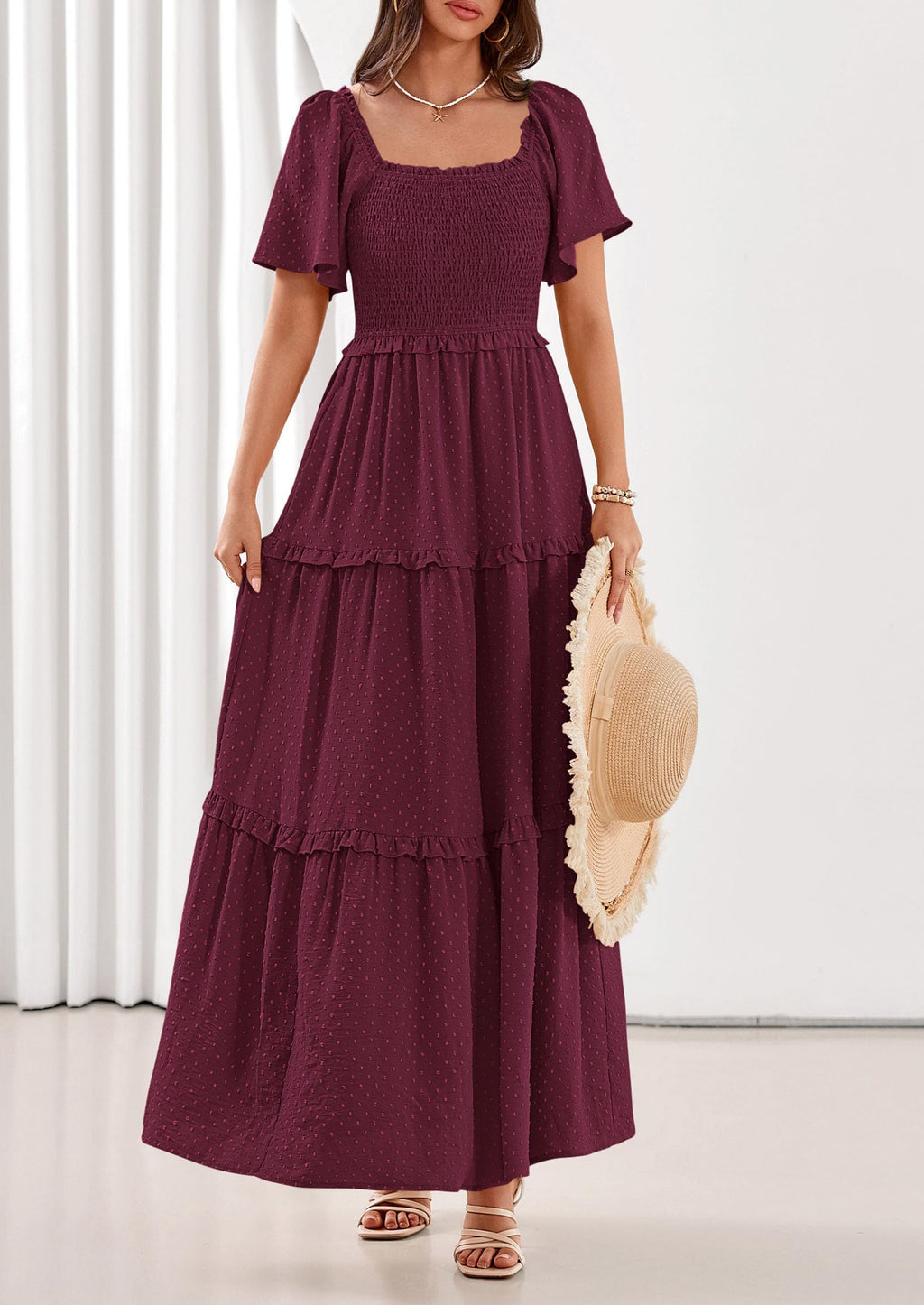 PRETTYGARDEN Summer Dresses for Women Boho Swiss Dot Smocked Square Neck Short Sleeve Spring Wedding Guest Maxi Dress