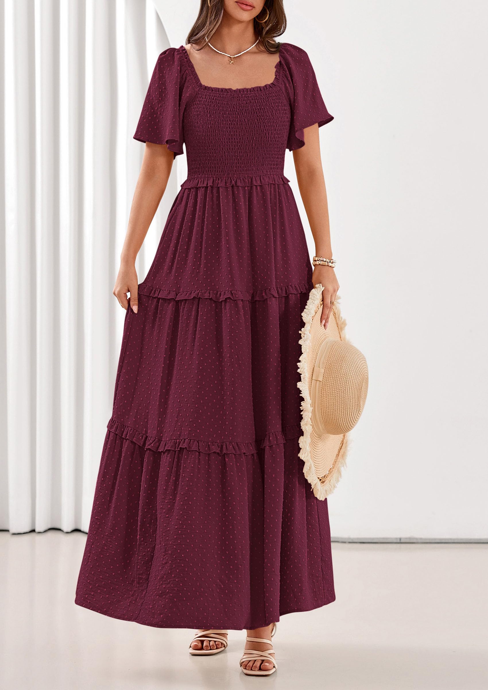 PRETTYGARDEN Summer Dresses for Women Boho Swiss Dot Smocked Square Neck Short Sleeve Spring Wedding Guest Maxi Dress