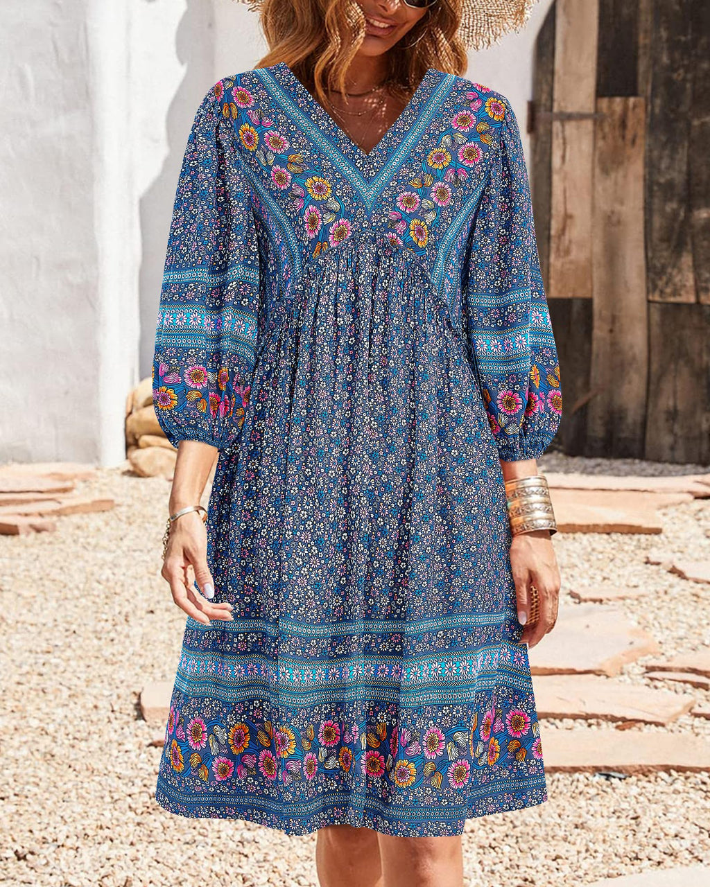 BTFBM Women Casual Spring Summer Dresses V Neck 3/4 Long Sleeve Ruffle Floral Flowy Boho Babydoll Mini Short Beach Dress