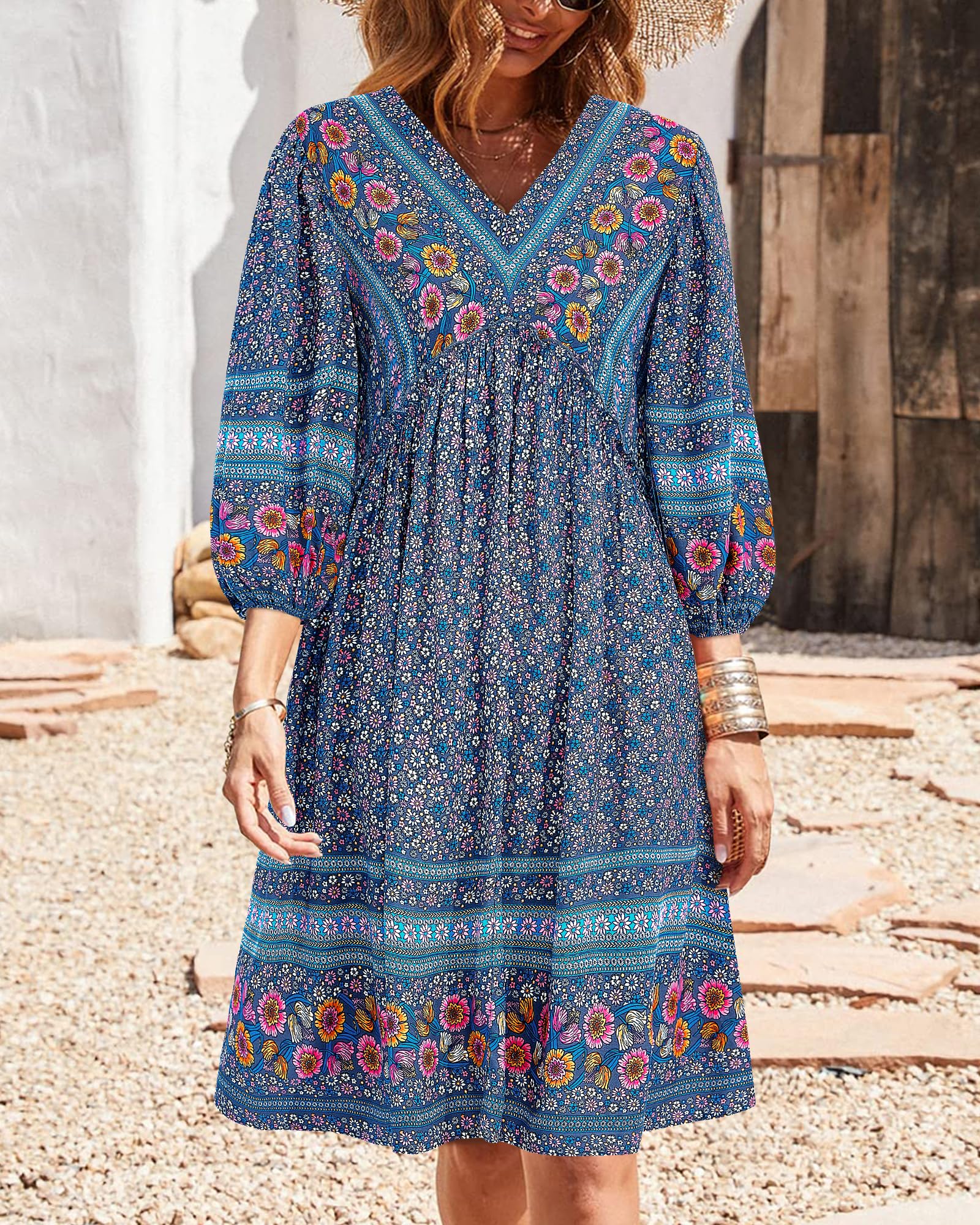 BTFBM Women Casual Spring Summer Dresses V Neck 3/4 Long Sleeve Ruffle Floral Flowy Boho Babydoll Mini Short Beach Dress