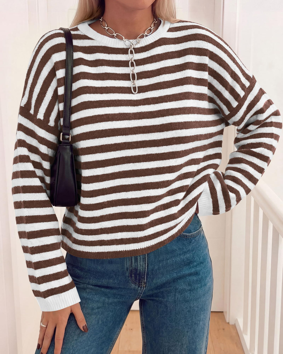 BTFBM Women's Lightweight Oversized Striped Sweater | Soft Knit Cozy Sweaters, Crew Neck Long Sleeve Pullover, y2k Color Block, Casual Holiday Outfits, Winter Fall Clothes