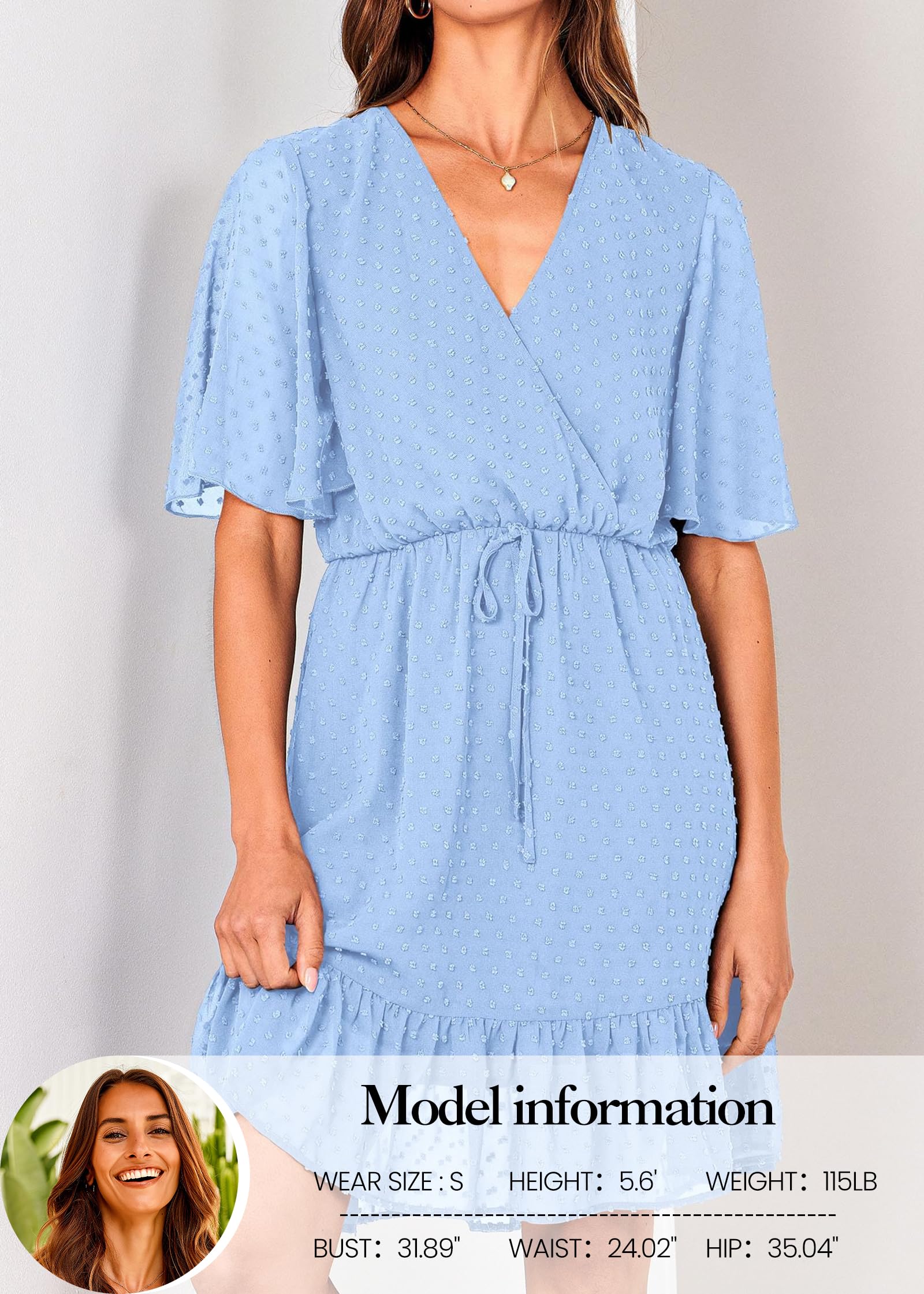 FreshPretty Women's Summer Dresses Casual Short Sleeve V Neck Ruffle Floral Print High Waist Flowy Mini Dress with Belt