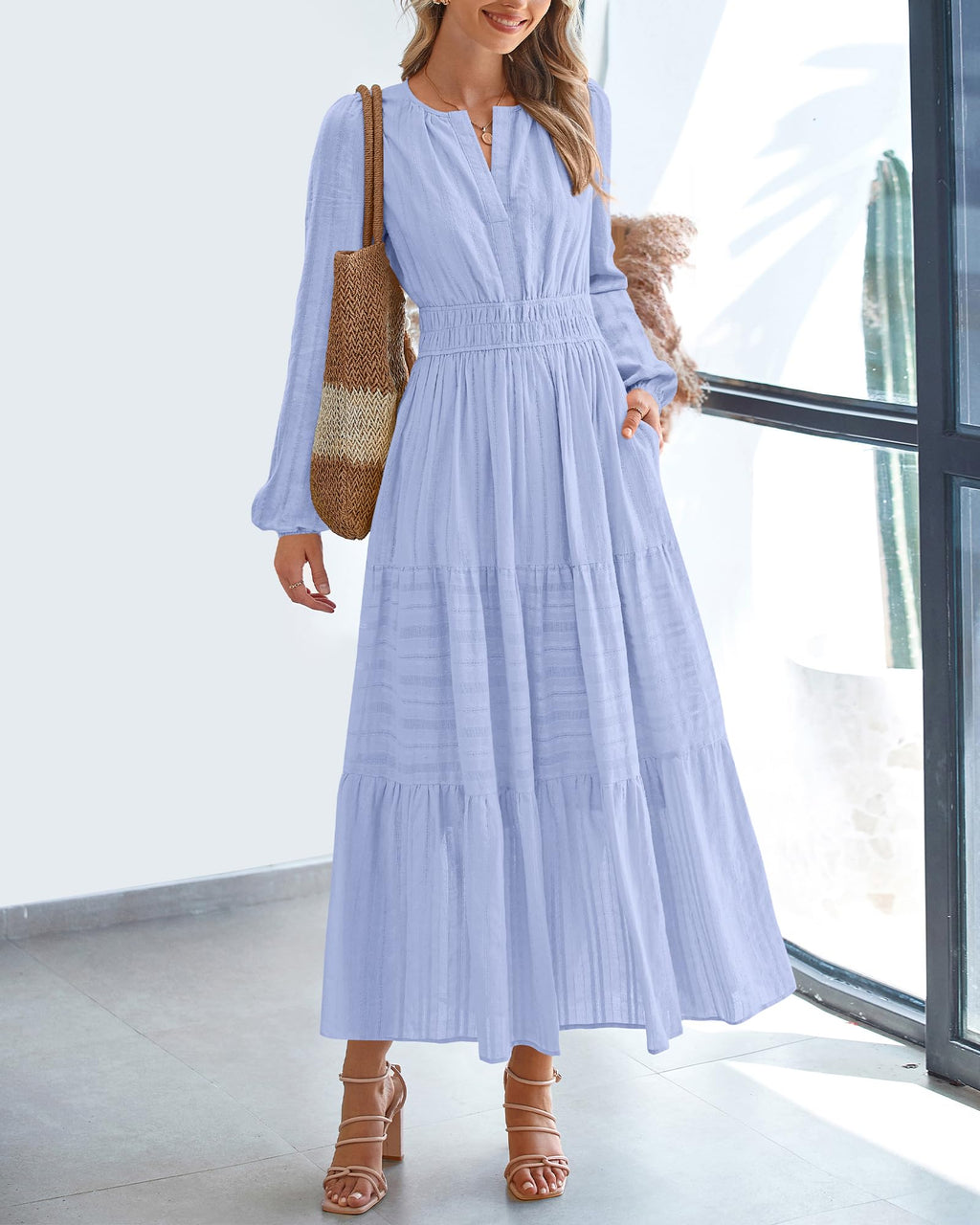 FreshPretty Fall Dresses for Women Casual Long Sleeve V Neck Elastic Waist Lightweight Maxi Wedding Guest Dress Pockets