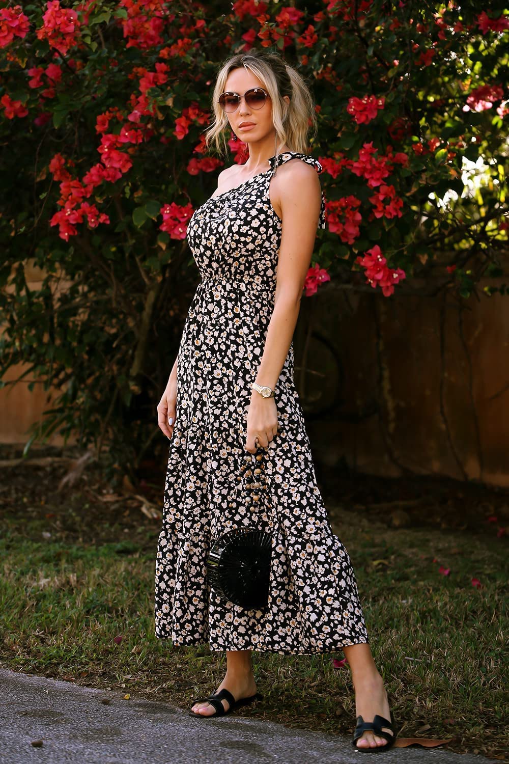 PRETTYGARDEN Women's Summer Floral One Shoulder Maxi Dress Knot Ruffle Boho Beach Vacation Wedding Guest Long Sun Dresses