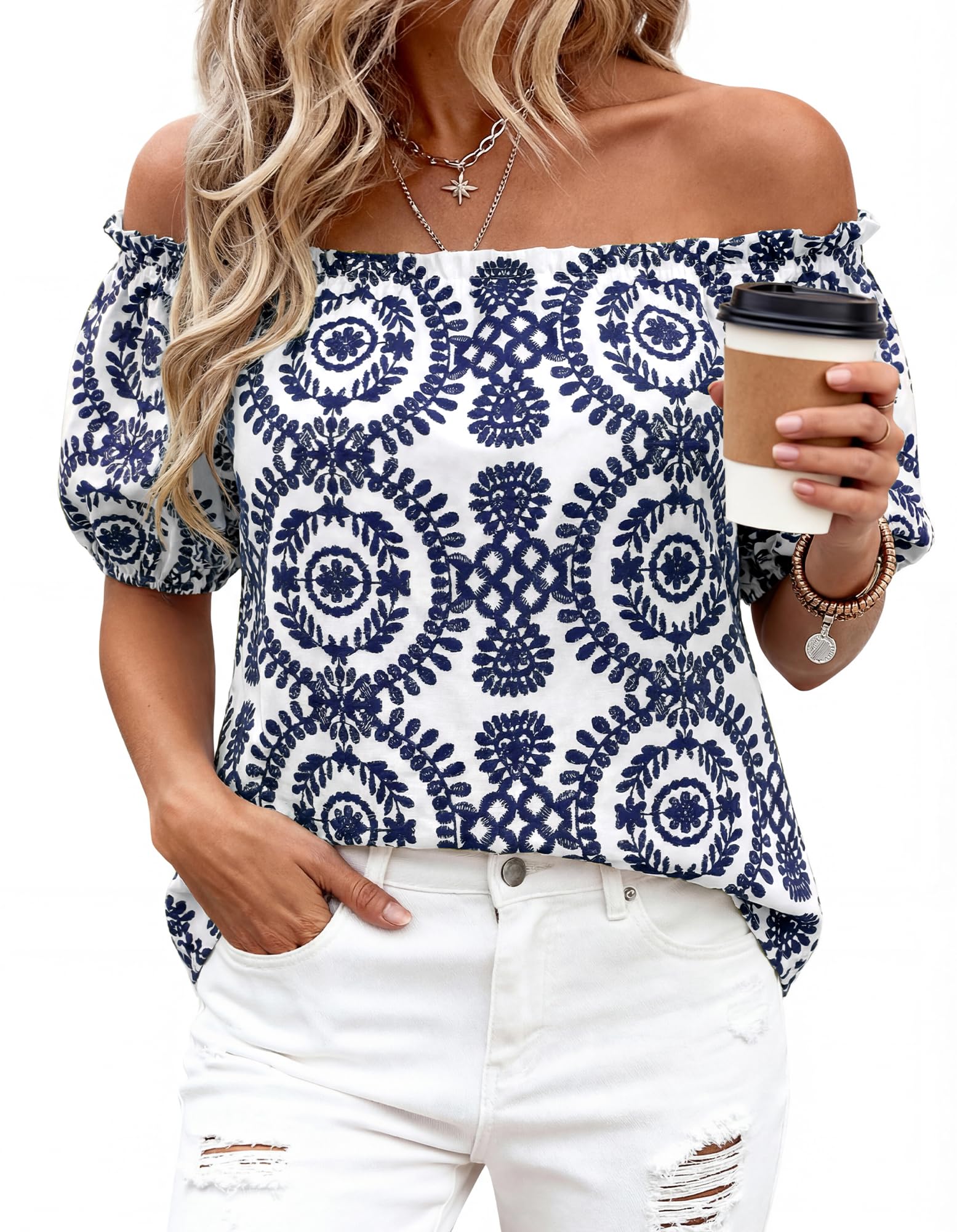 BTFBM Off The Shoulder Spring Tops for Women Summer Blouses Boho Floral Short Sleeve Shirts Dressy Casual Outfits