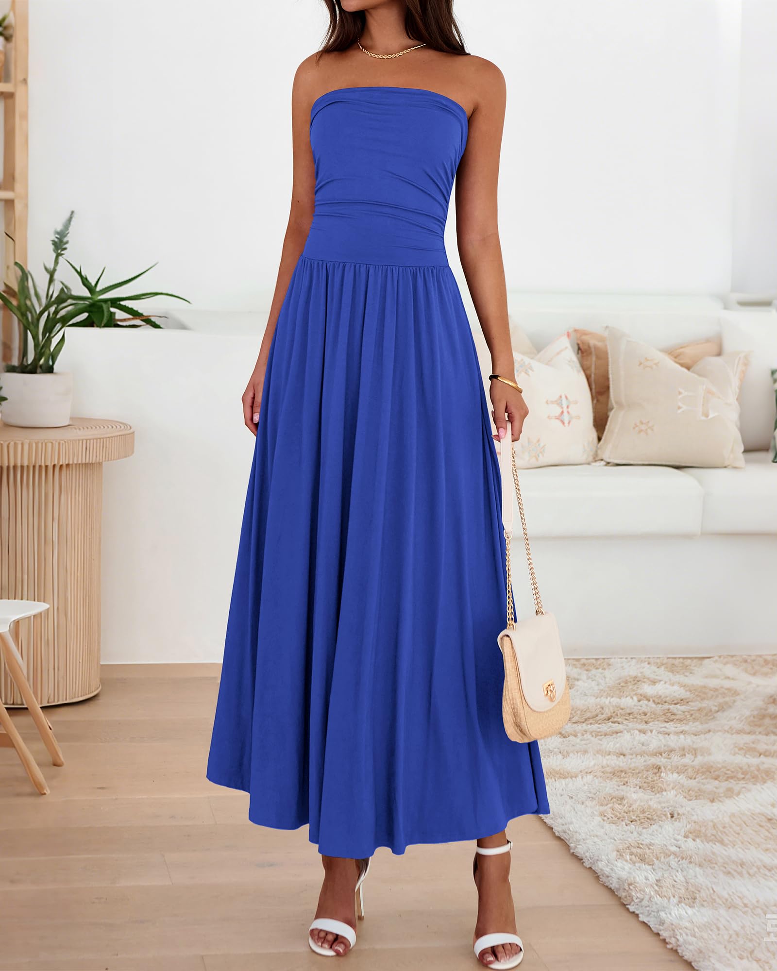BTFBM Summer Maxi Dresses for Women Strapless Ruched Tube Top Beach Vacation Spring Wedding Guest Dress Pockets