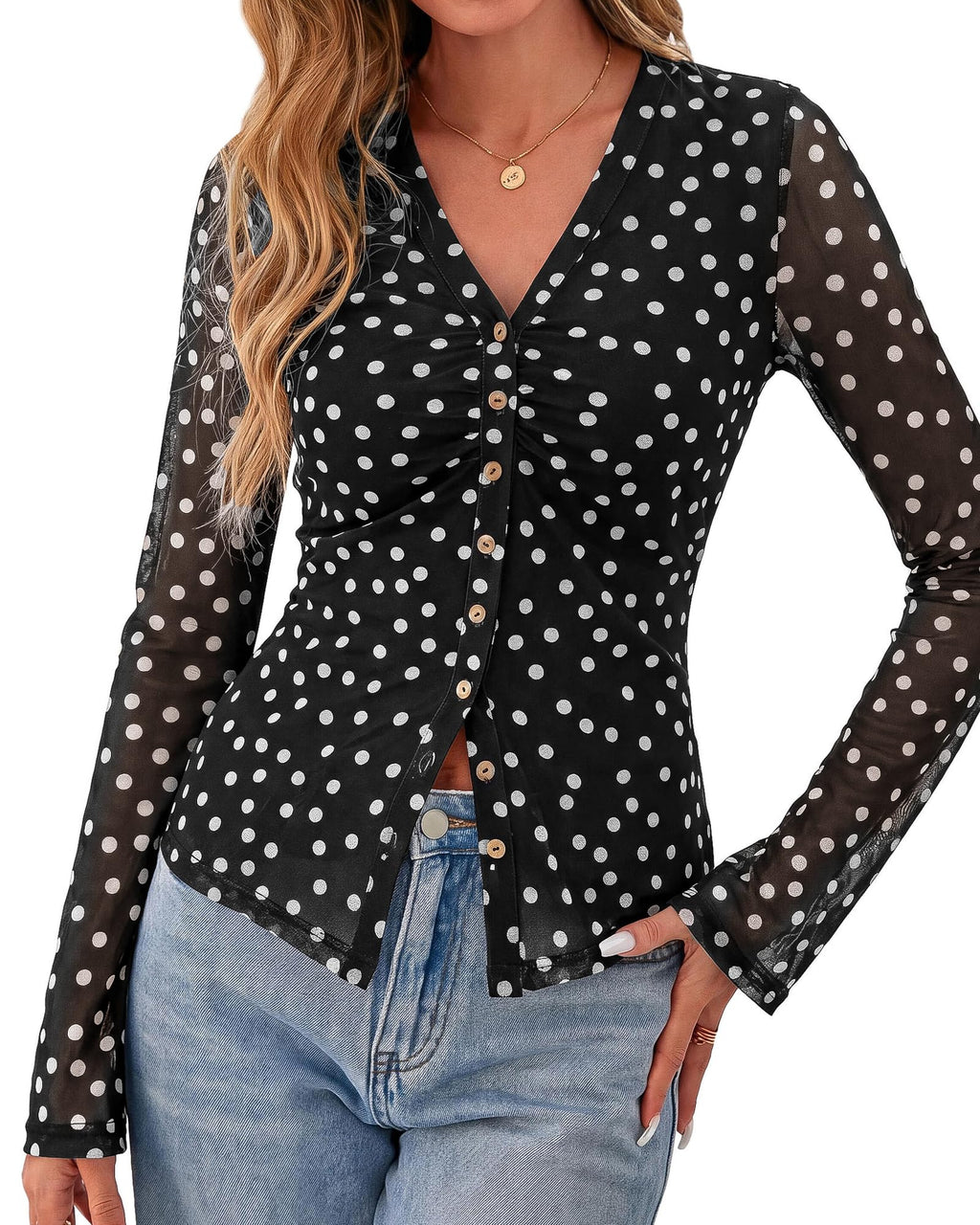 BTFBM Button Down Shirts for Women Spring Boho Tops V Neck Long Sleeve Blouses Ruched Mesh Fitted Fall Fashion