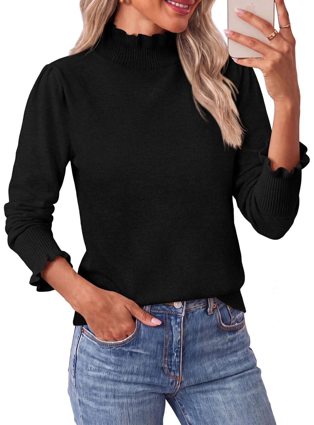 PRETTYGARDEN Women's Fall Cozy Sweaters Trendy Ruffle Mock Neck Pullover Soft Stretchy Warm, Ribbed Knit, Cute Tops, Puff Long Sleeve Blouses, Dressy Casual Shirts,Winter Clothing