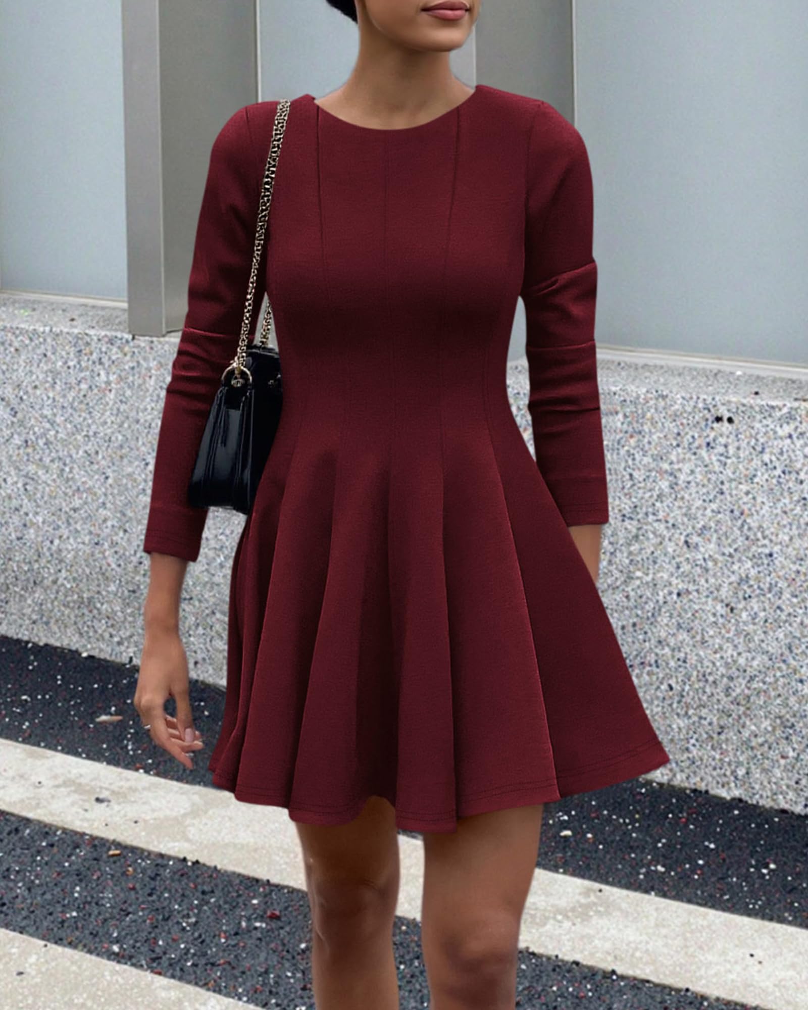 BTFBM Spring Dresses for Women Long Sleeve High Waist Pleated Flowy A Line Party Wedding Guest Dress Business Casual