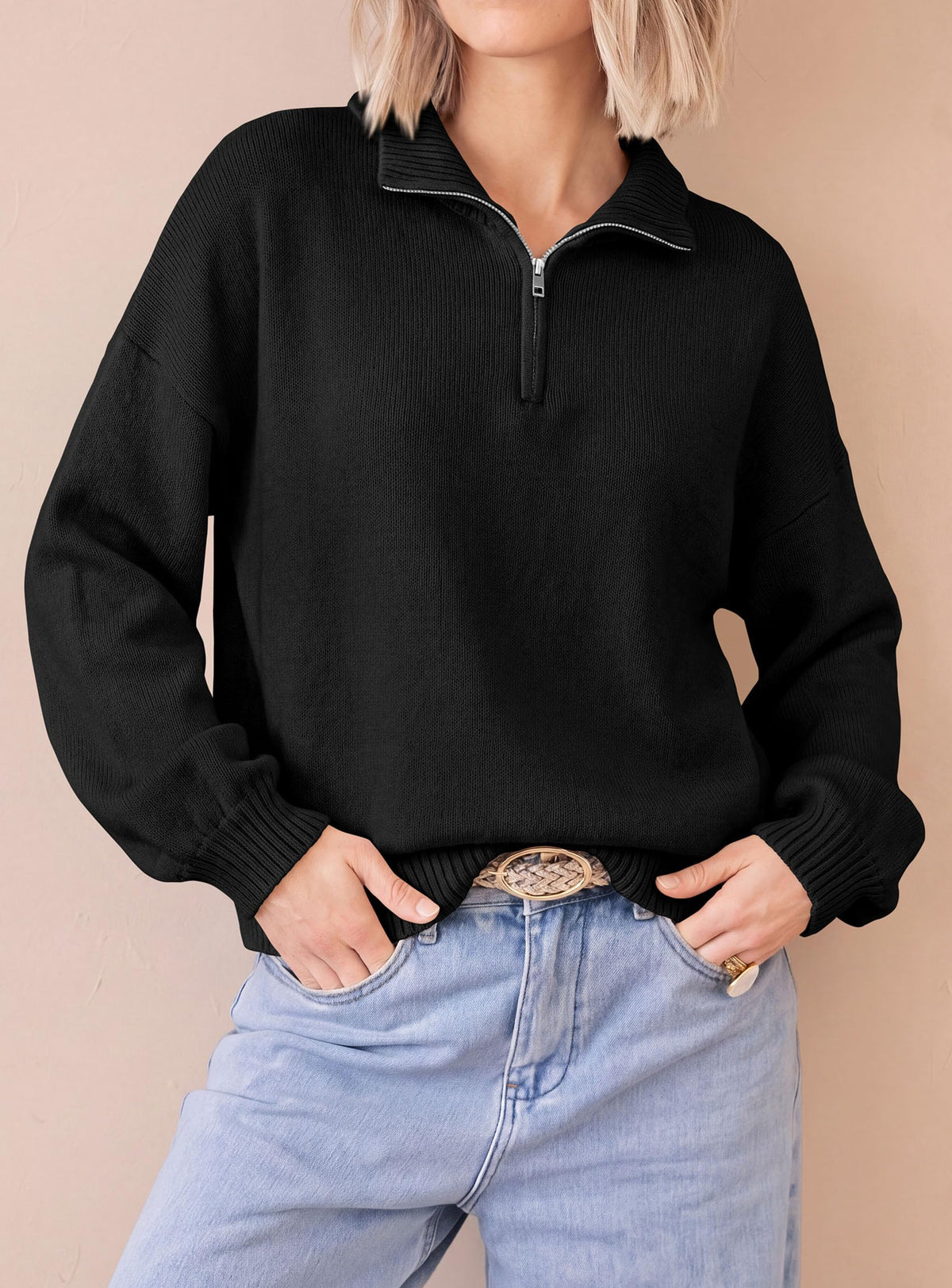 PRETTYGARDEN Women's Quarter Zip Pullover Oversized Sweaters Collared Neck, Long Balloon Sleeve, Jumper Tops, Soft Cozy Knit, Ribbed Hem, Loose Fit, Fall Outfits, Winter Fashion Clothing