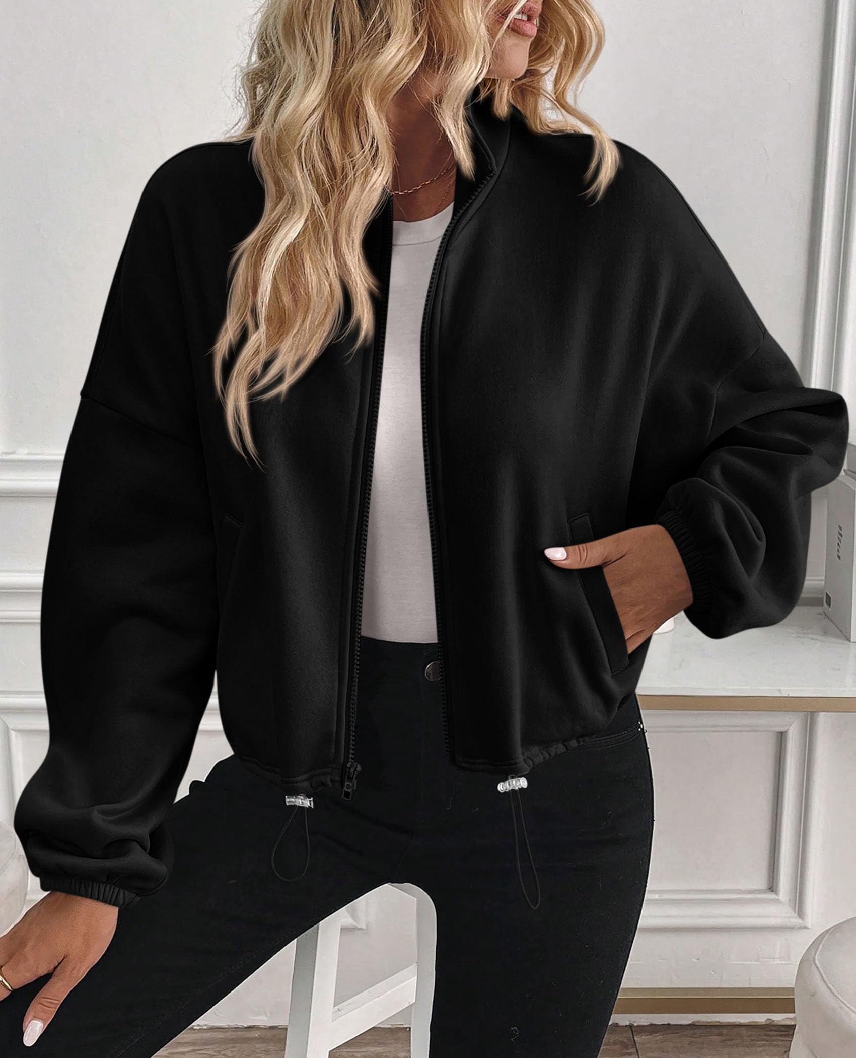 PRETTYGARDEN Womens Zip Up Fleece Cropped Sweatshirt Jacket Oversized Loose Soft Stand Collar with Drawstring Hem, Long Sleeve Casual Coat With Pockets, Fall Outfits Winter Clothing