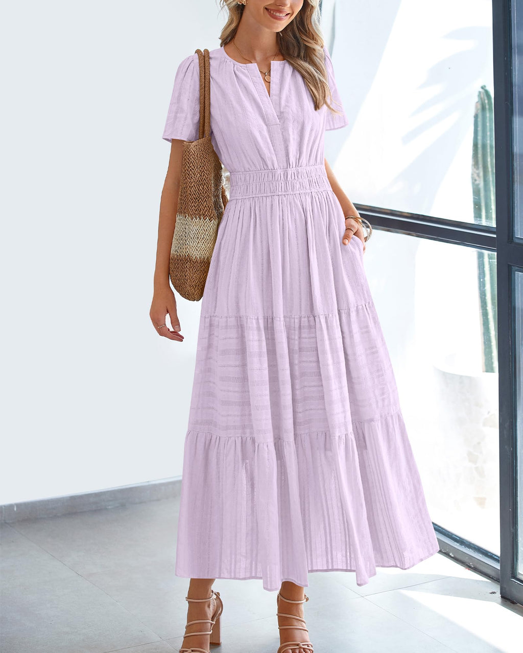 BTFBM Womens Summer Casual Midi Maxi Dresses Lightweight Short Sleeve V Neck Elastic Waist Boho Beach Dress Pockets