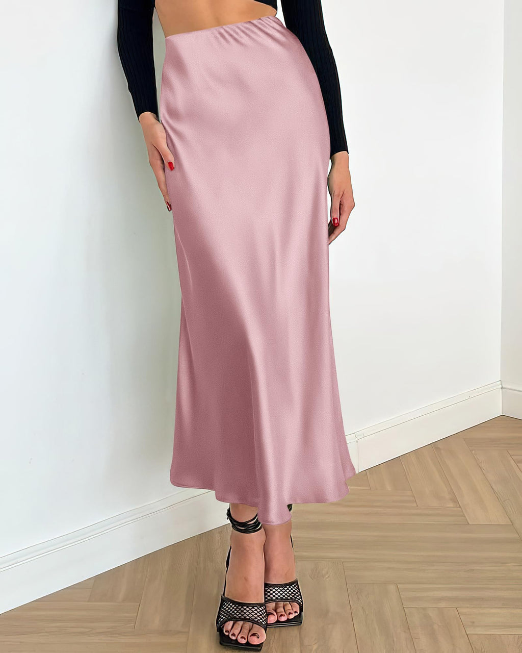 BTFBM Summer Womens Skirts Silk Elegant High Waist Flowy Long Satin A-Line Midi Skirt Cocktail Wedding Party