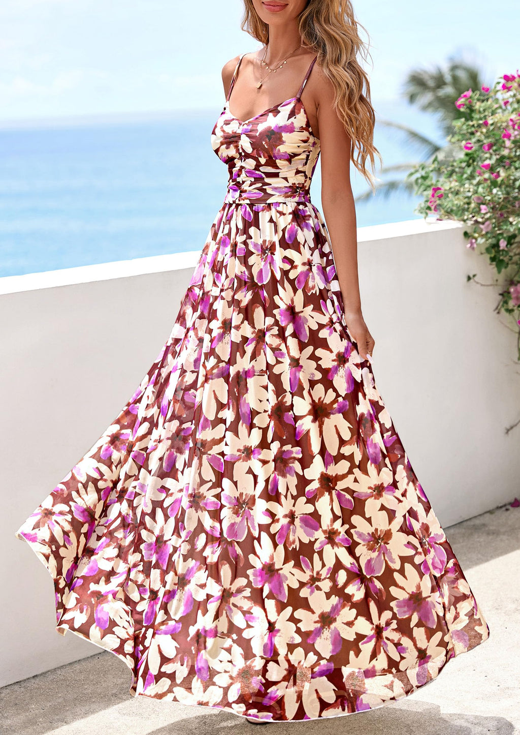 PRETTYGARDEN Women Summer Floral Maxi Dress Spirng Spaghetti Strap Mesh Boho Sundress Party Beach Vacation Long Dresses