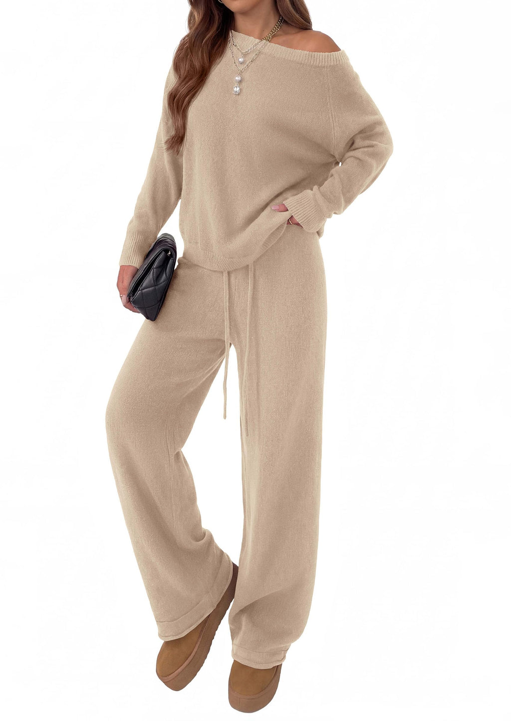 PRETTYGARDEN Lounge Sets Womens Sweaters Two Piece Outfits Cozy Boat Neck Long Sleeve Tops, Wide Leg Pants with Drawstring, Casual Fall Fashion Airport & Travel, Knit Matching Set