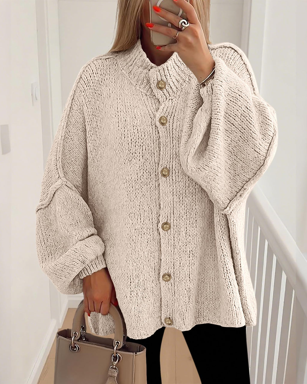 BTFBM Cardigan Sweaters for Women Fall Clothes Lantern Long Sleeve Button Open Front Chunky Knit Oversized Sweater