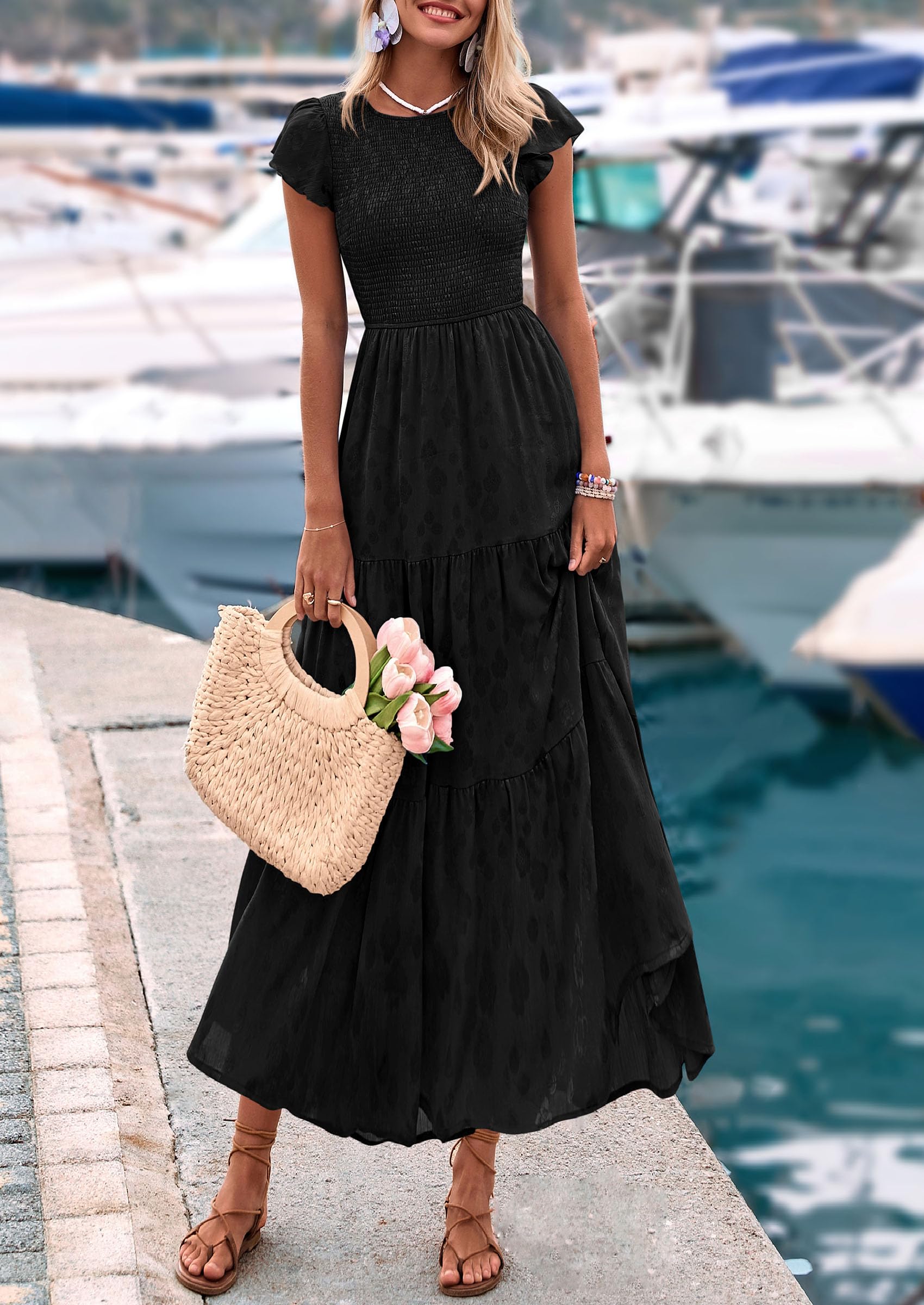 PRETTYGARDEN Wedding Guest Dresses for Women Summer Floral Cap Sleeve Smocked A Line Long Elegant Party Boho Dress