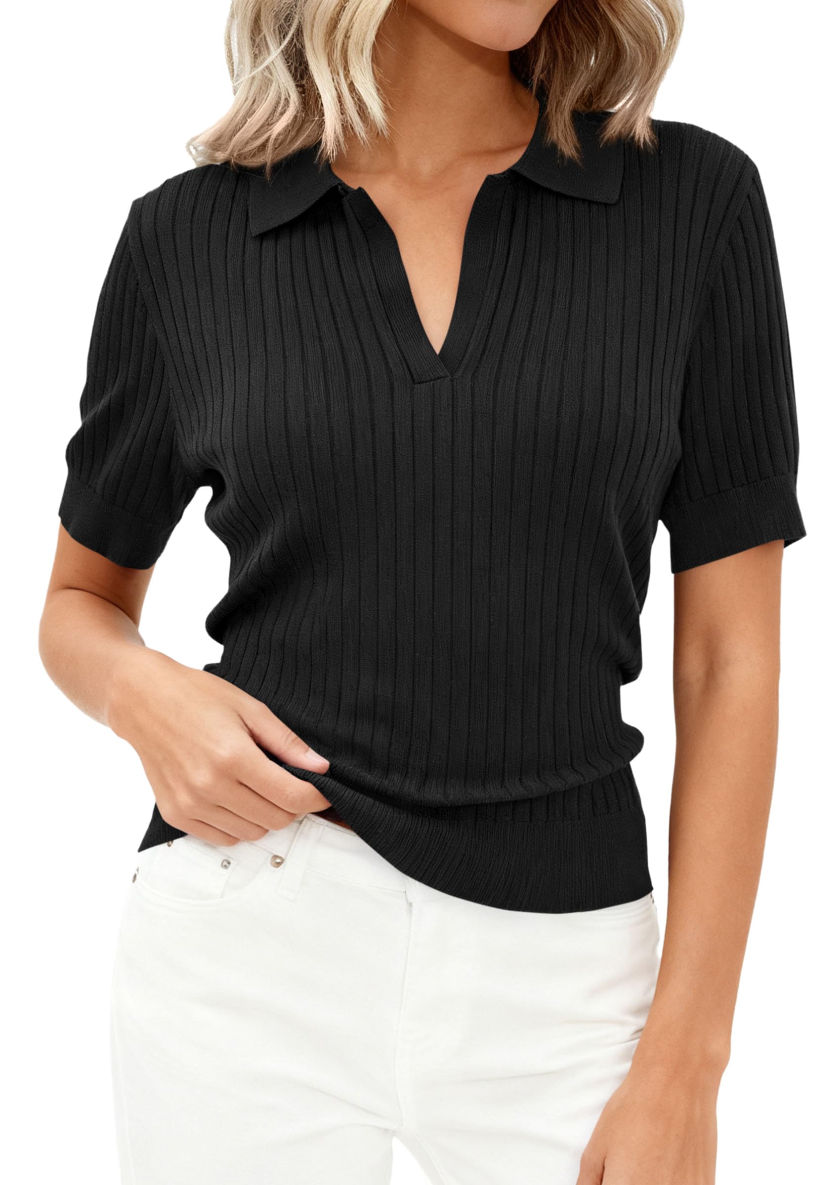 PRETTYGARDEN Women's Short Sleeve Sweater Spring Polo Shirts Ribbed Knit V Neck Business Casual Tops Summer Work Clothes