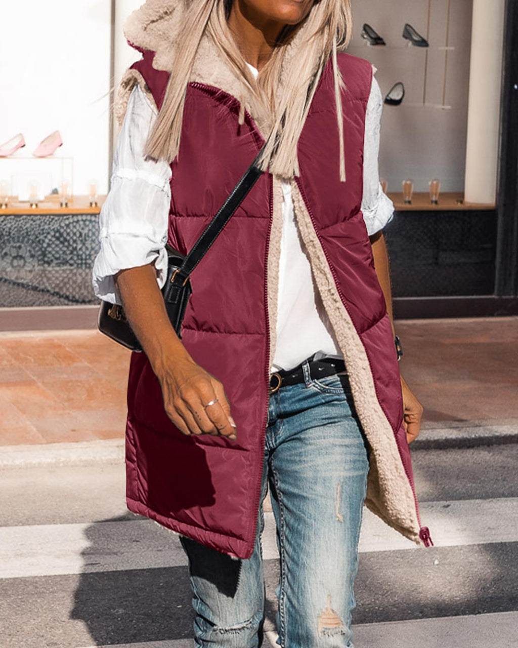 BTFBM Long Puffer Vest Women Fleece Sherpa Jacket Sleeveless Hooded Reversible Zip Up Winter Coat Fall Vests Outerwear