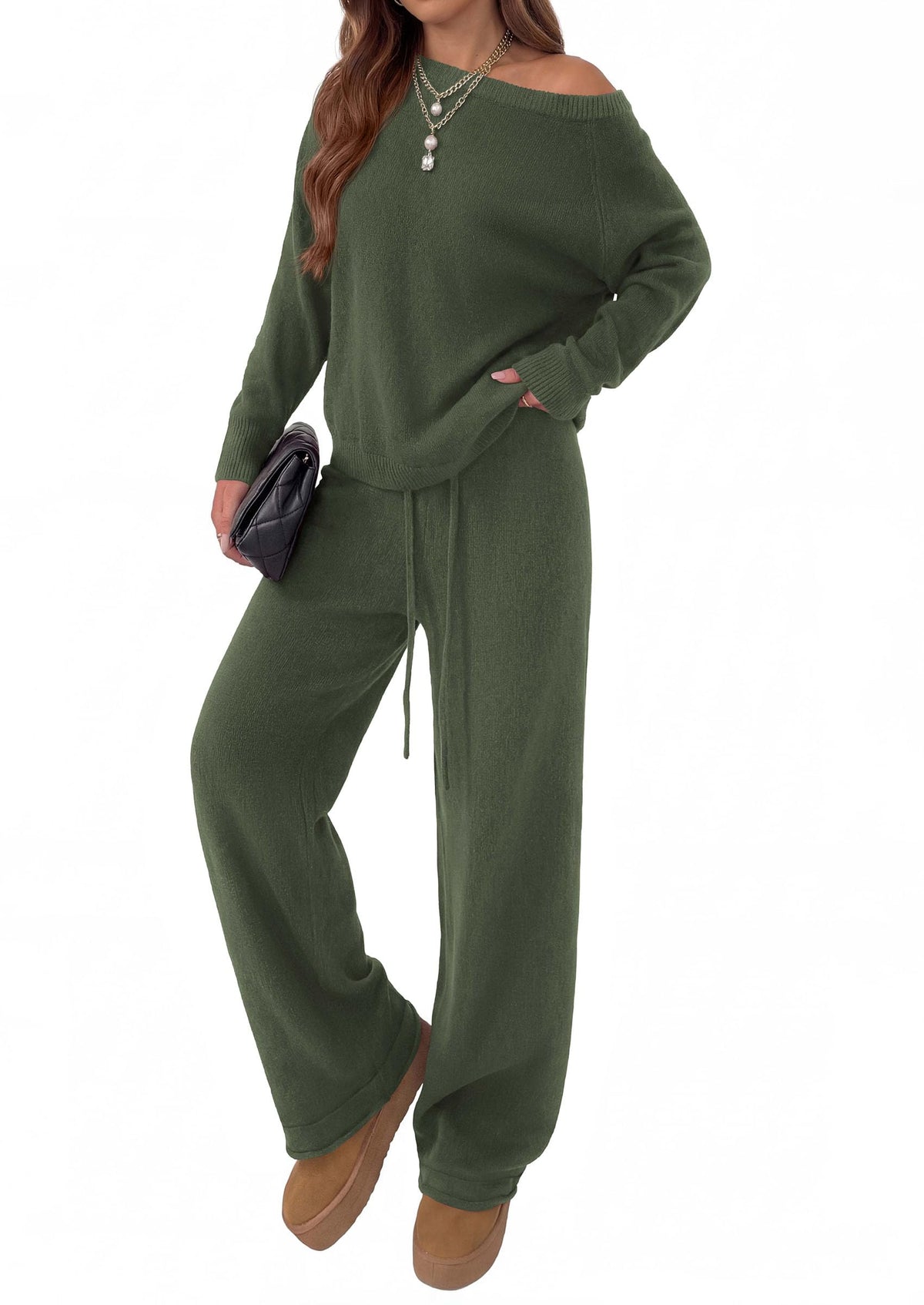 PRETTYGARDEN Lounge Sets Womens Sweaters Two Piece Outfits Cozy Boat Neck Long Sleeve Tops, Wide Leg Pants with Drawstring, Casual Fall Fashion Airport & Travel, Knit Matching Set