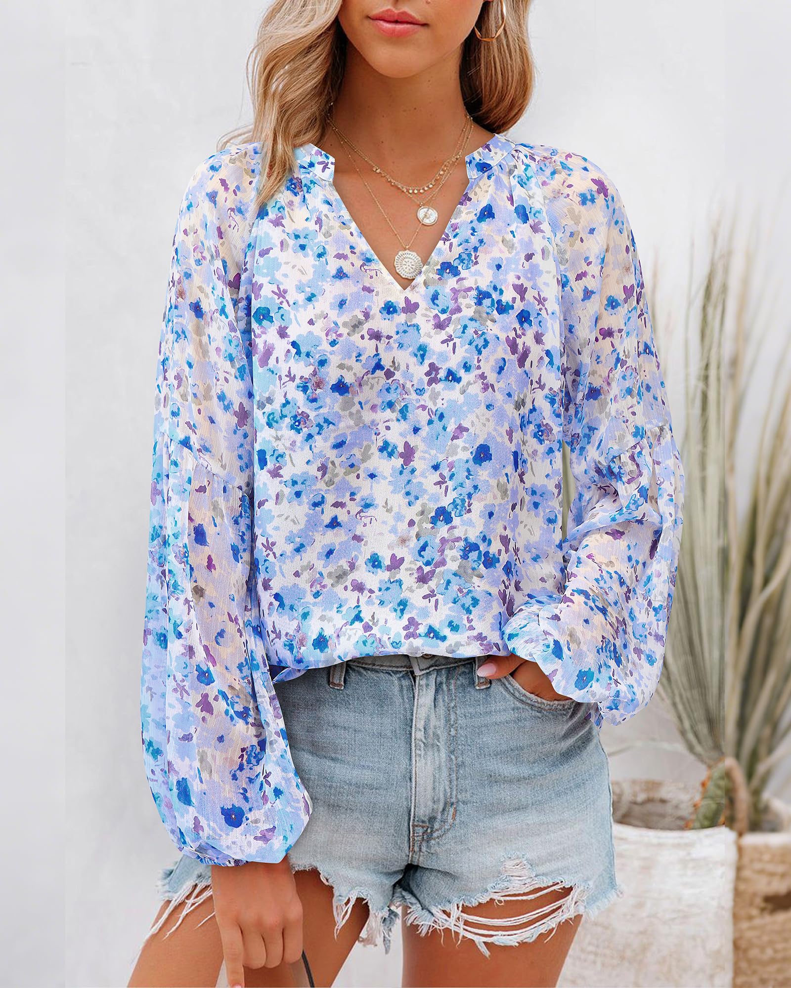 FreshPretty Blouses for Women Floral Boho Tops V Neck Lightweight Long Sleeve Shirts Fall Dressy Casual Vacation Outfits