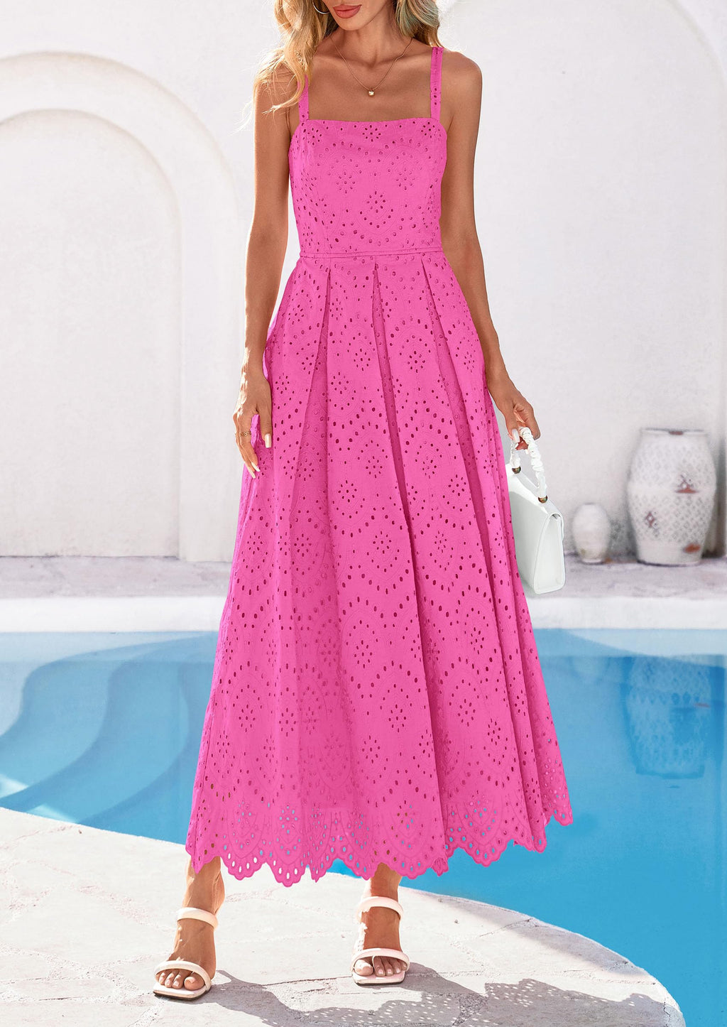 PRETTYGARDEN Womens Sleeveless Maxi Summer Dresses Hollow Out Eyelet Square Neck Ruffle Flowy Beach Vacation Sundress