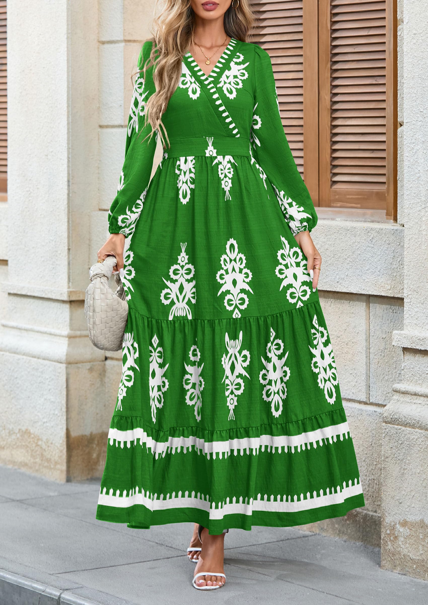 PRETTYGARDEN Women's Fall Wedding Guest Dresses Boho Floral Long Sleeve V Neck Flowy Elegant Maxi Dress Beach Clothes