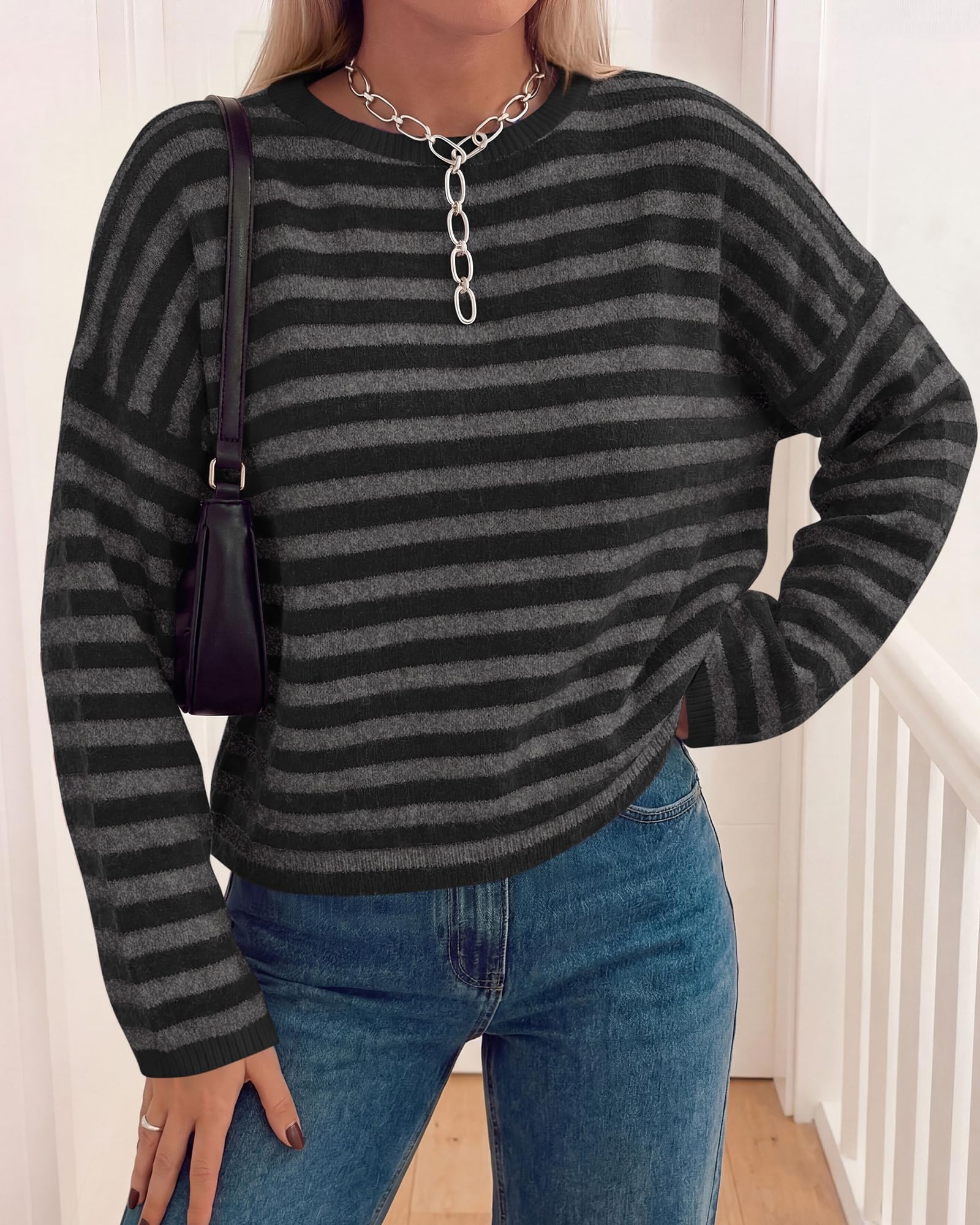 BTFBM Women's Lightweight Oversized Striped Sweater | Soft Knit Cozy Sweaters, Crew Neck Long Sleeve Pullover, y2k Color Block, Casual Holiday Outfits, Winter Fall Clothes