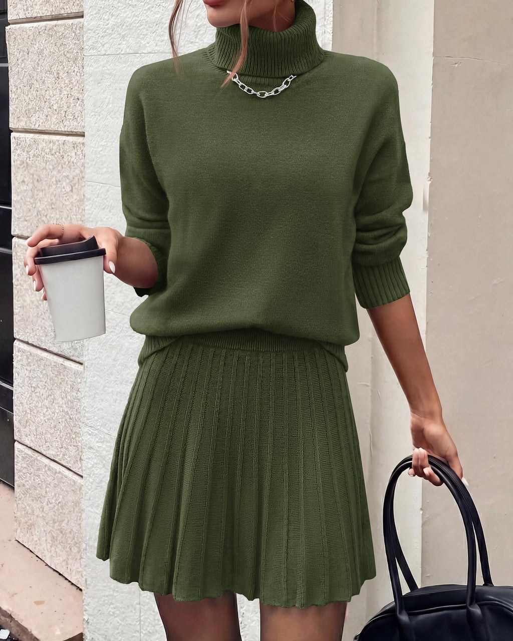FreshPretty Women Fall 2 Piece Sweater Skirt Sets,Casual Turtleneck Drop Shoulder Pullover Sweaters,Pleated A-Line Mini Skirts,Cute Loose Fit Winter Clothing Vacation Outfits