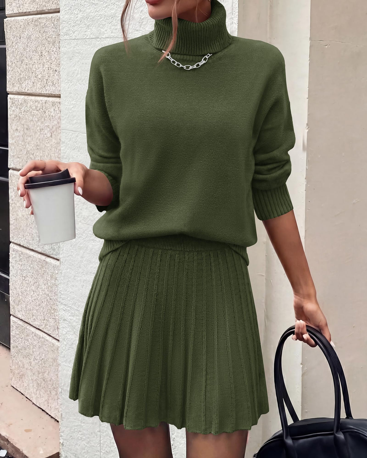 FreshPretty Women Fall 2 Piece Sweater Skirt Sets,Casual Turtleneck Drop Shoulder Pullover Sweaters,Pleated A-Line Mini Skirts,Cute Loose Fit Winter Clothing Vacation Outfits