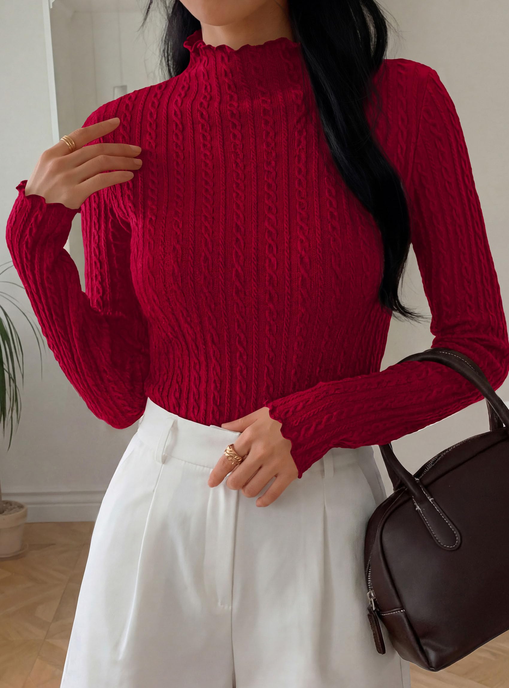 PRETTYGARDEN Women's Fall Long Sleeve Fitted Shirts | Comfy Stretchy Cable Knit, Trendy Lettuce Trim Mock Neck, Casual Basic Tees, Cute Layering Tops, 2026 Fashion Clothing