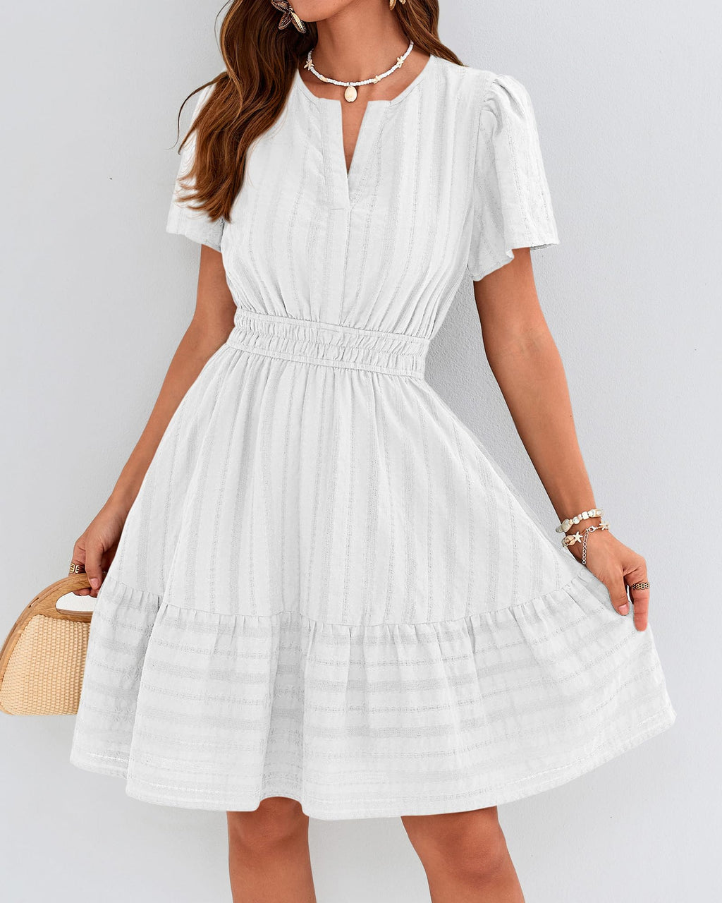 BTFBM Womens Spring  Casual Mini Dresses Lightweight Short Sleeve V Neck Elastic Waist Cute Boho Beach Dress Pockets