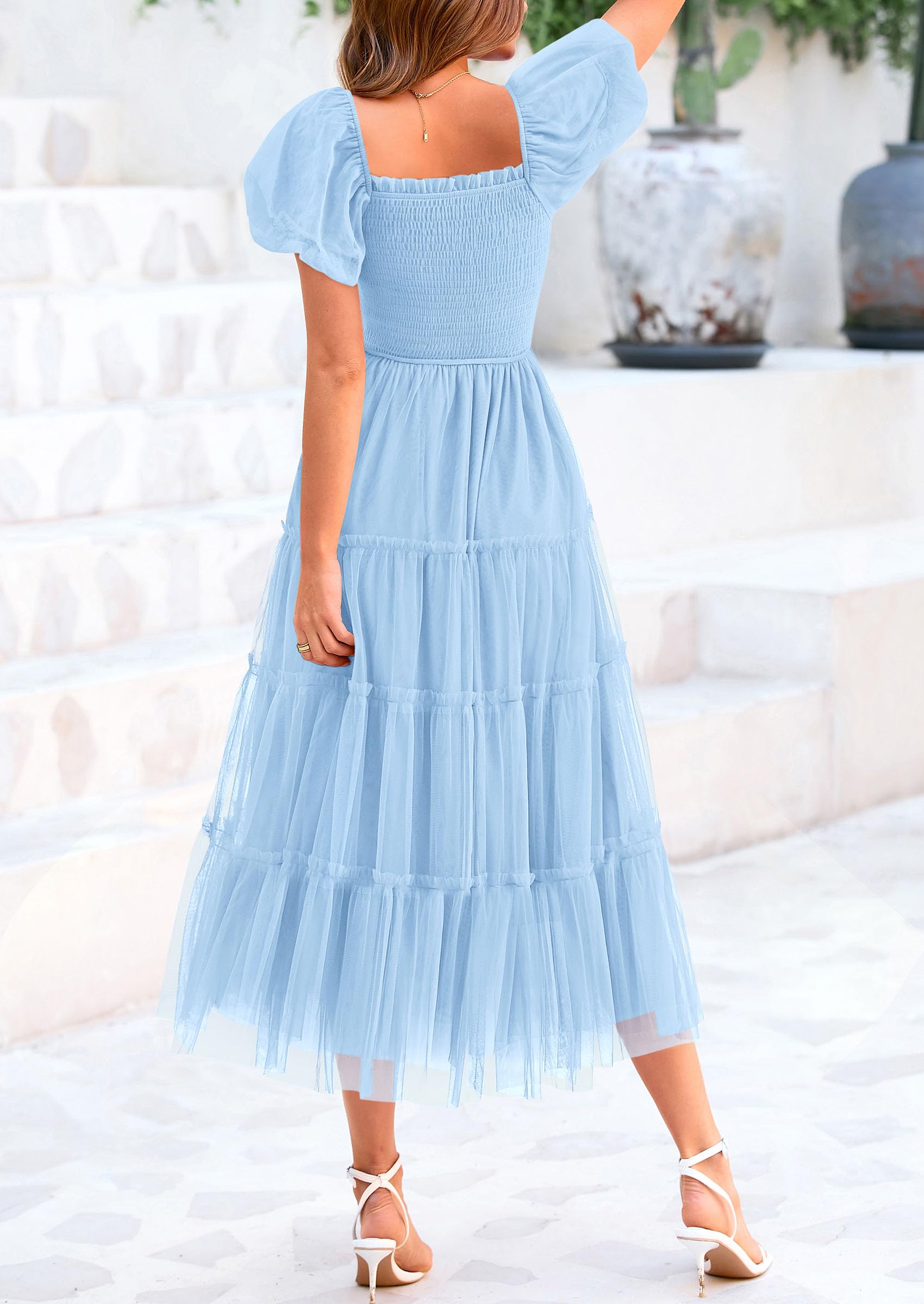 PRETTYGARDEN Women's Smocked Midi Tulle Dress  Summer Puffy Short Sleeve Square Neck Ruffle Wedding Guest Party Dresses