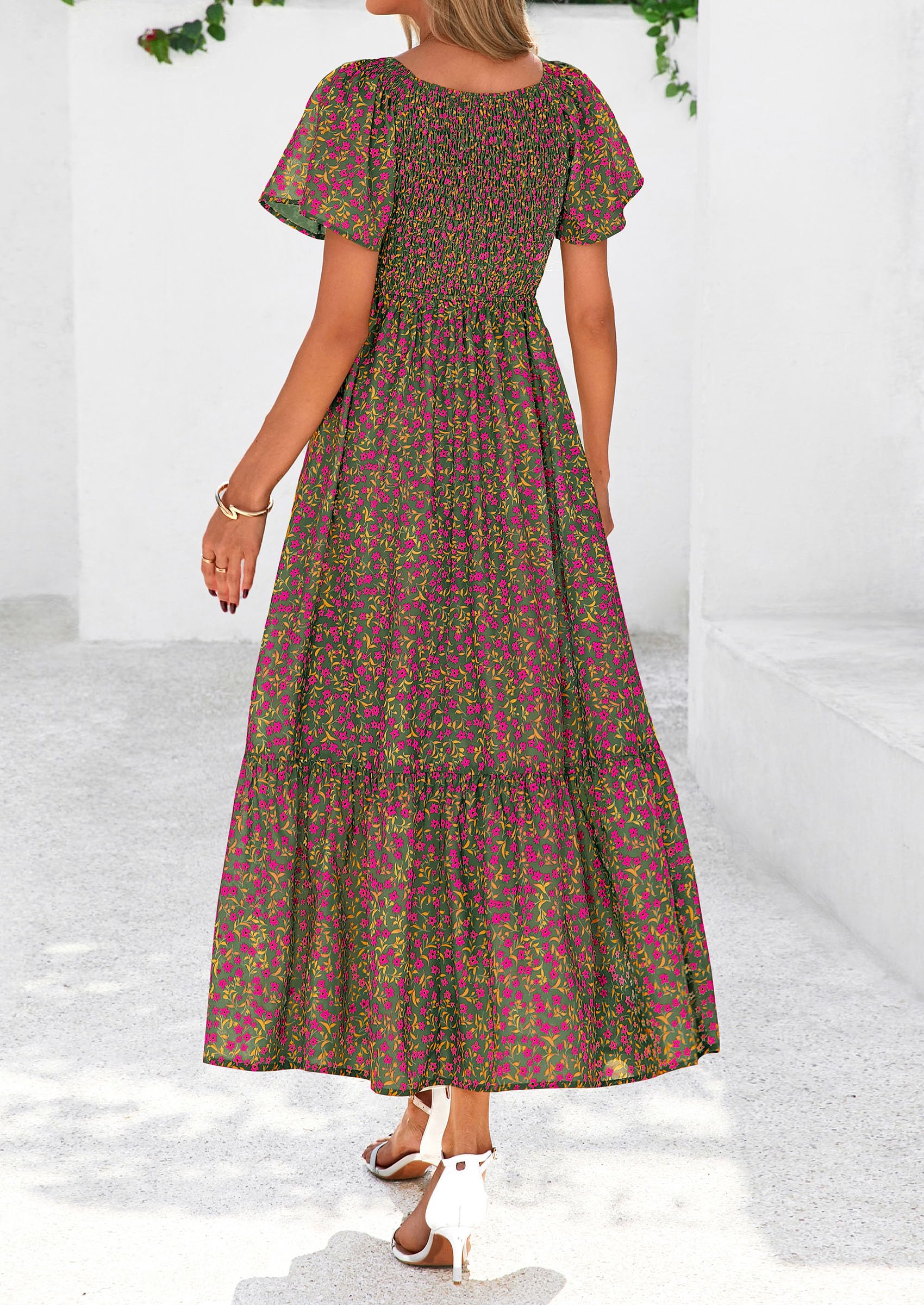 PRETTYGARDEN Boho Dresses for Women Summer Floral Short Sleeve V Neck Smocked Flowy Beach Vacation Maxi Dress