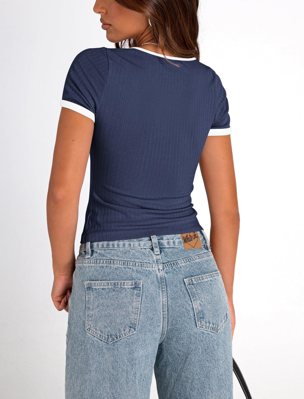 PRETTYGARDEN Women's Summer Short Sleeve T Shirts Ribbed Knit Square Neck Color Block Slim Fit Basic Casual Crop Tops Blouses