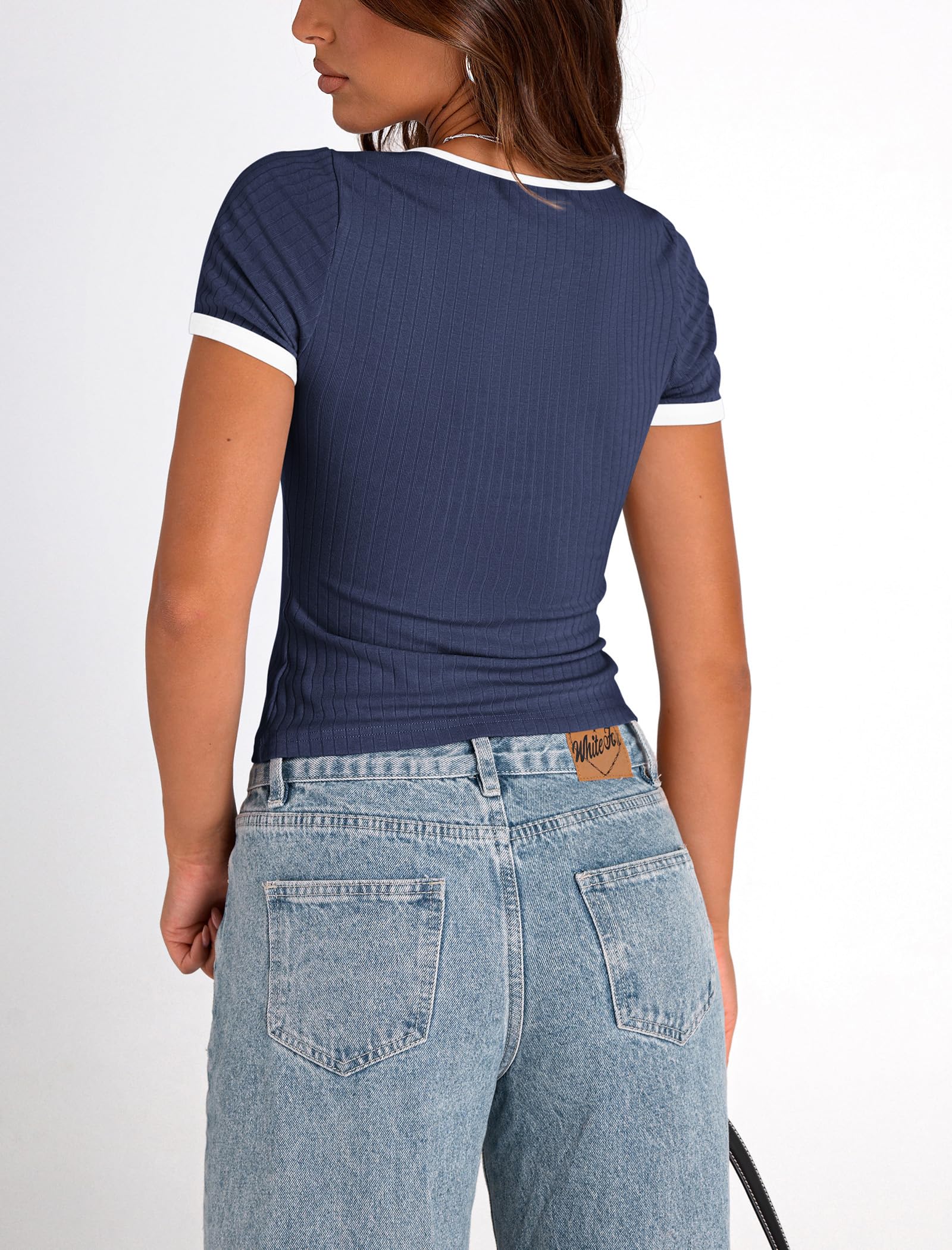 PRETTYGARDEN Women's Summer Short Sleeve T Shirts Ribbed Knit Square Neck Color Block Slim Fit Basic Casual Crop Tops Blouses