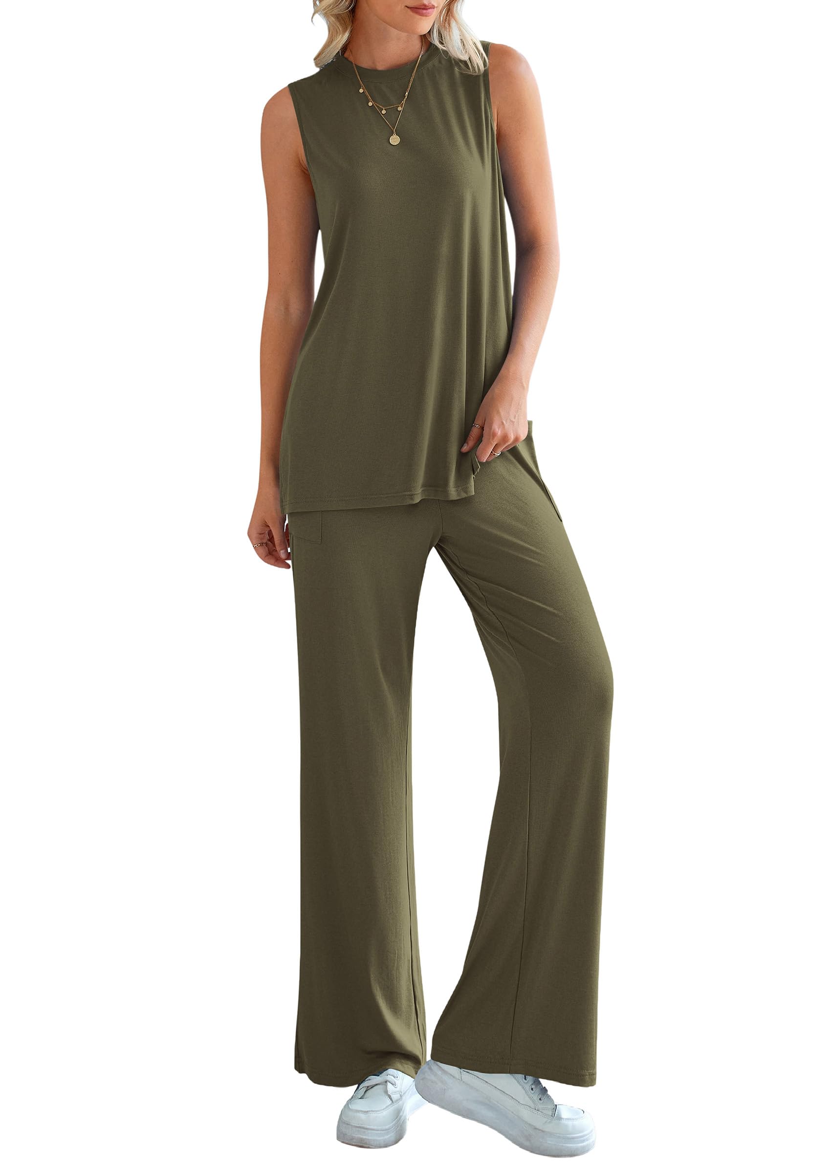 PRETTYGARDEN Women's 2 Piece Lounge Set Summer Casual Loose Tank Top Wide Leg Pants Matching Travel Outfits Tracksuit